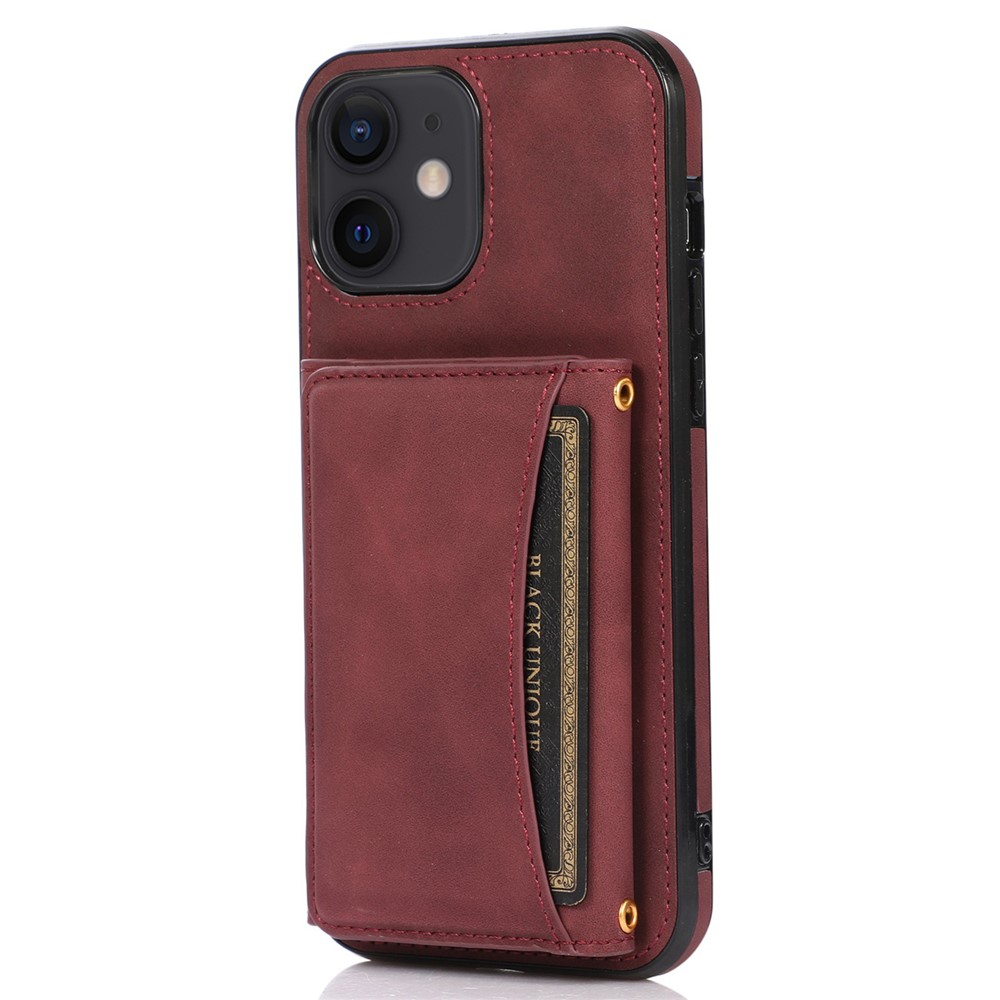 For iPhone 11 Cell Phone Case Tri-fold Wallet Drop-proof PU Leather+TPU Kickstand Back Cover - Wine Red