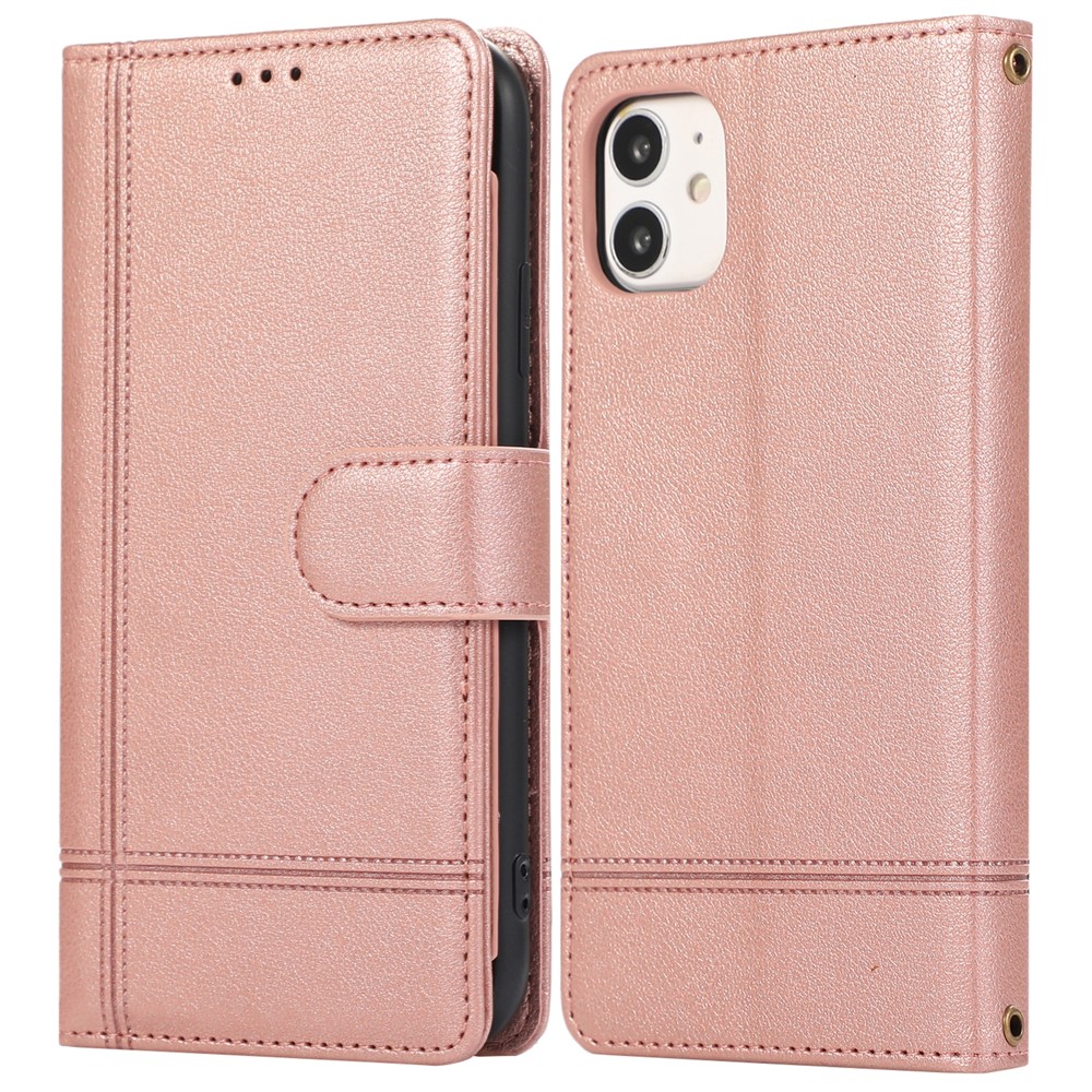 For iPhone 11 Cell Phone Case Lines Imprinted Built-in Mirror Anti-drop Leather Cover with 2 Straps - Rose Gold
