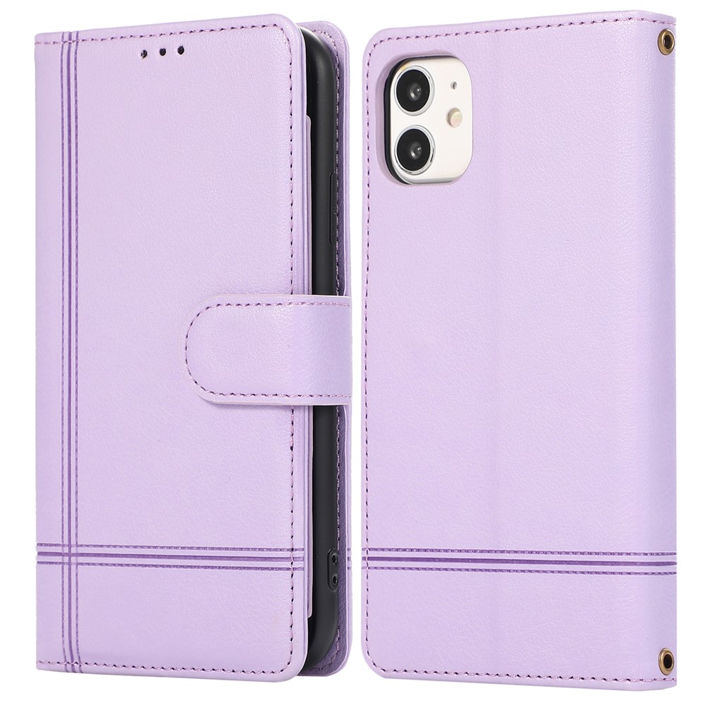 For iPhone 11 Cell Phone Case Lines Imprinted Built-in Mirror Anti-drop Leather Cover with 2 Straps - Purple