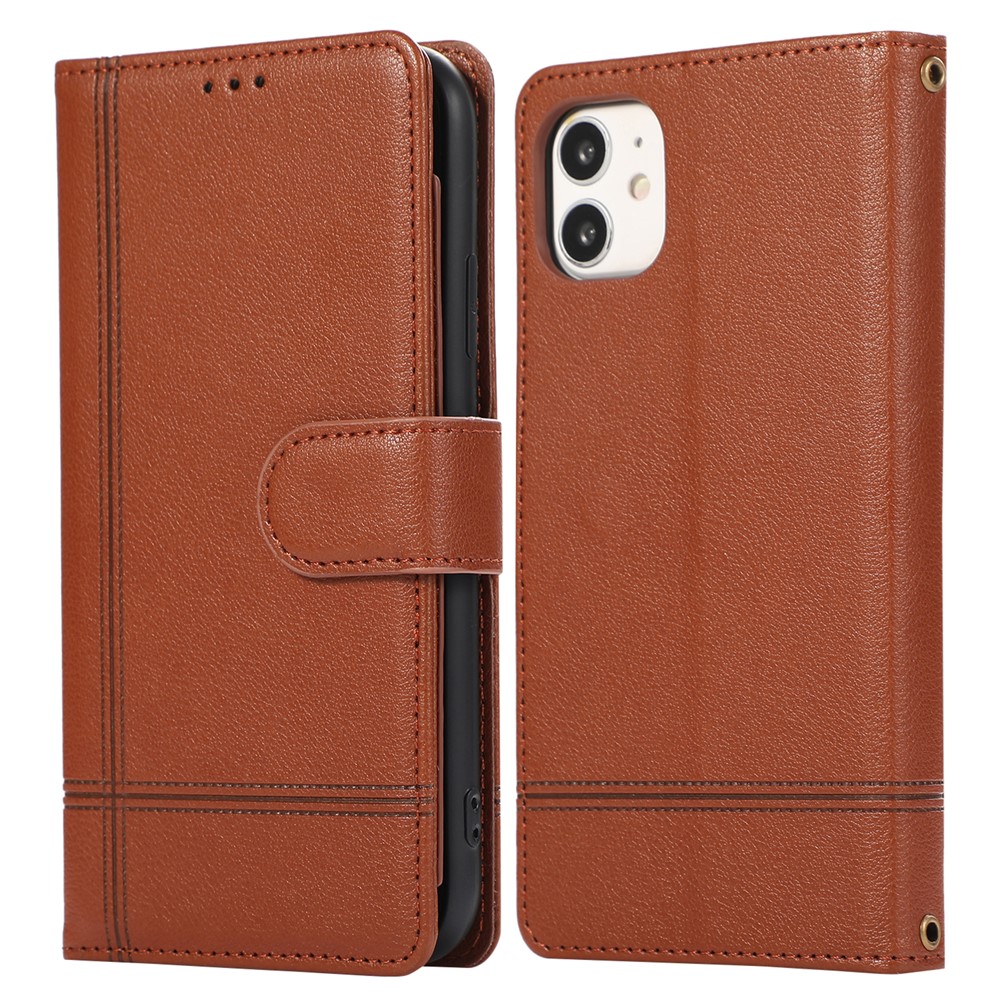For iPhone 11 Cell Phone Case Lines Imprinted Built-in Mirror Anti-drop Leather Cover with 2 Straps - Brown