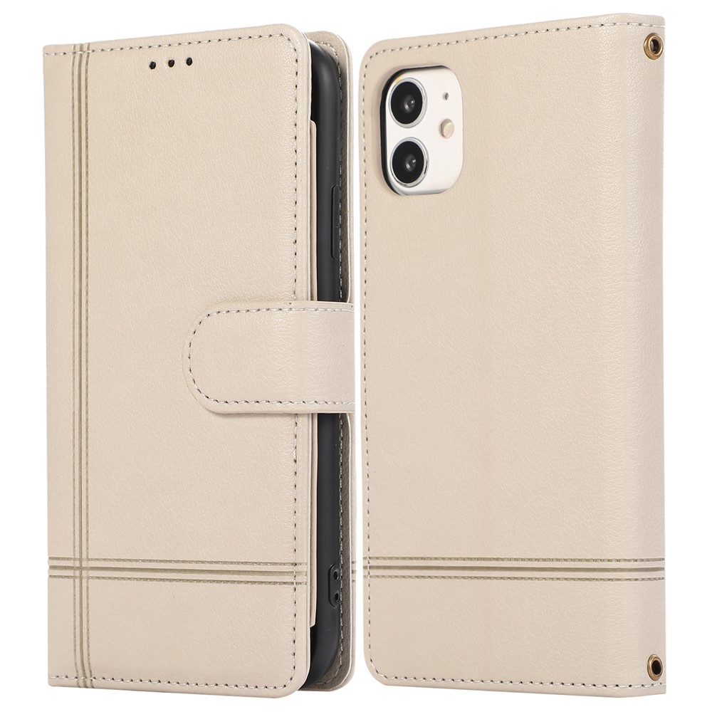 For iPhone 11 Cell Phone Case Lines Imprinted Built-in Mirror Anti-drop Leather Cover with 2 Straps - Beige