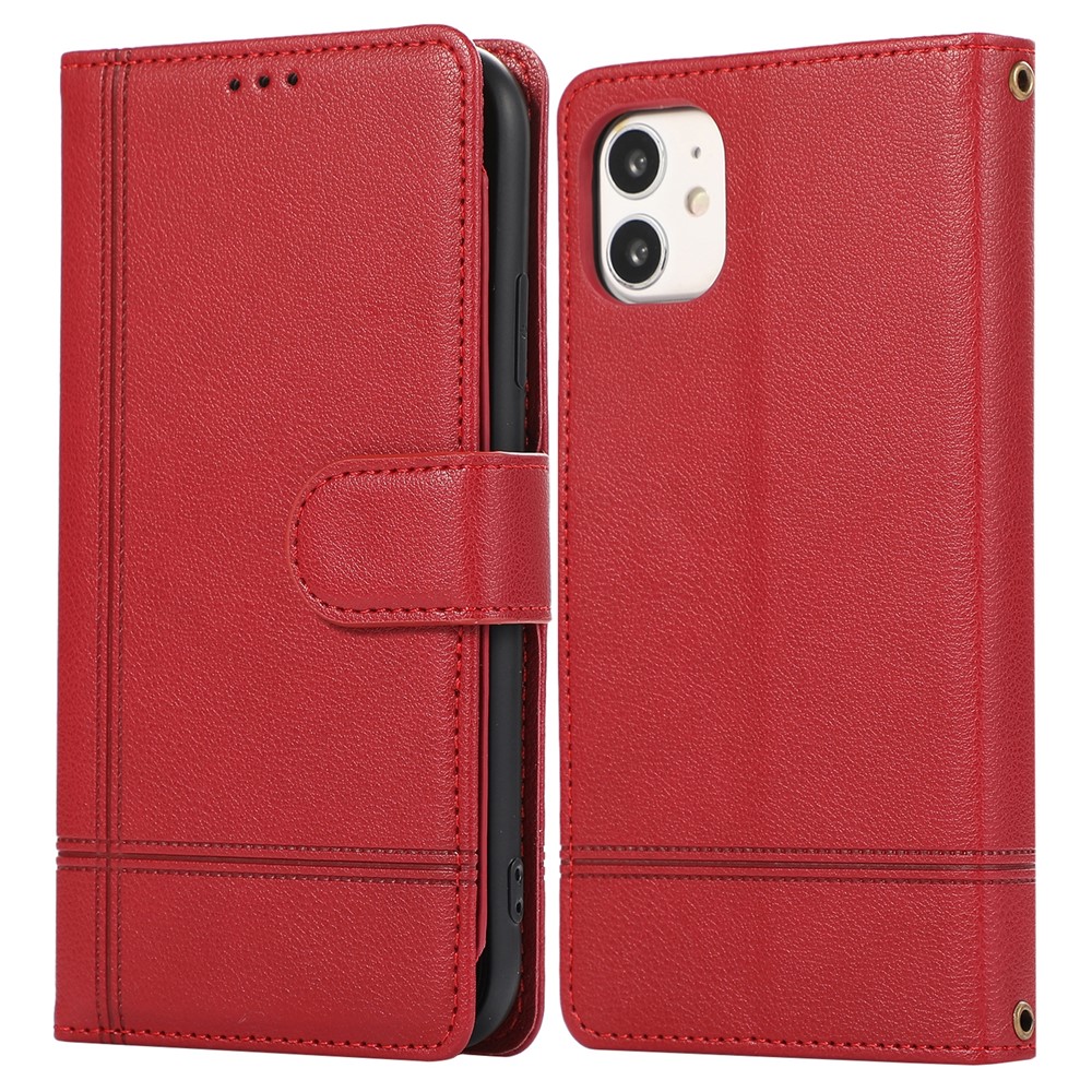 For iPhone 11 Cell Phone Case Lines Imprinted Built-in Mirror Anti-drop Leather Cover with 2 Straps - Red