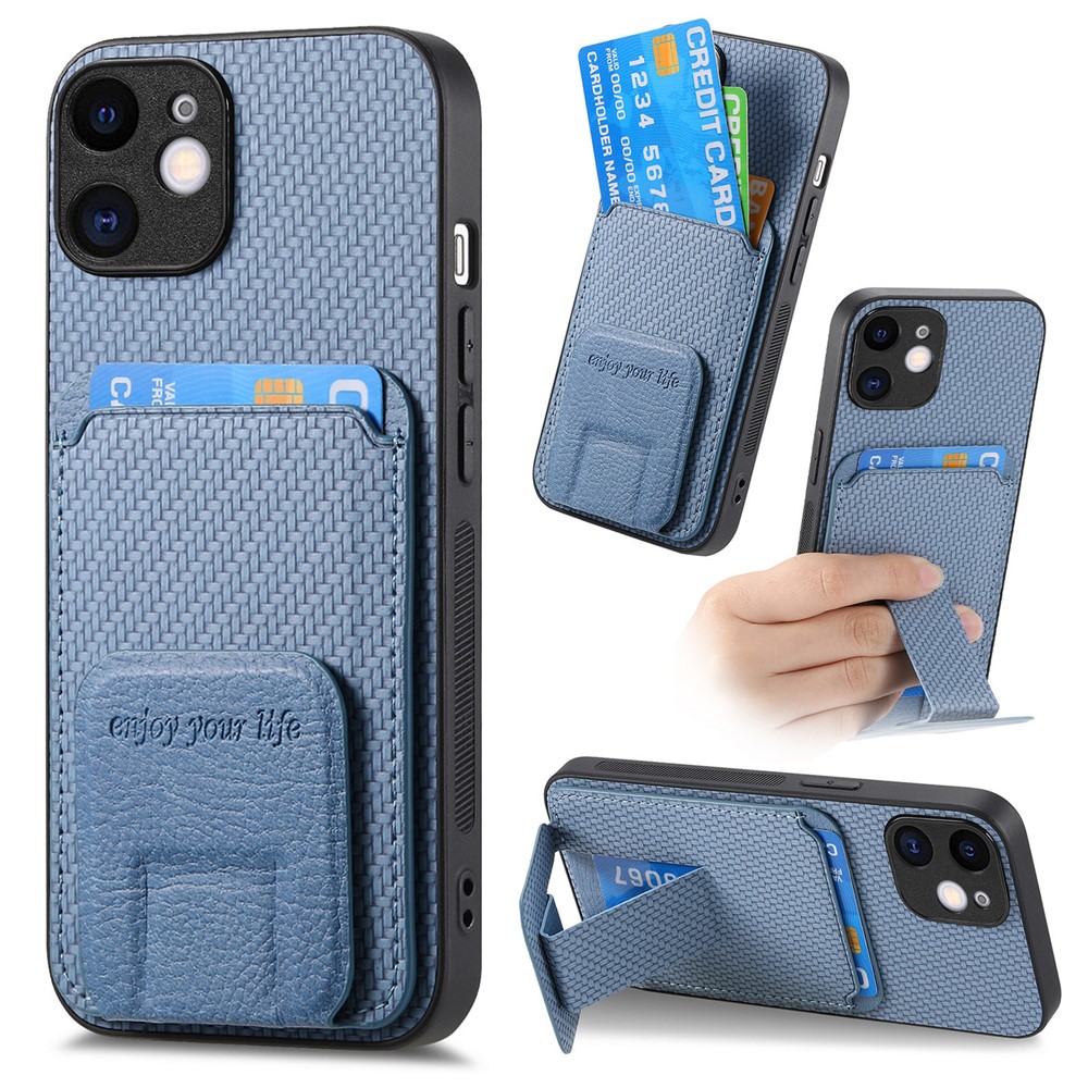 C1-11 for iPhone 11 Case Kickstand Carbon Fiber Texture Smart Phone Cover - Blue