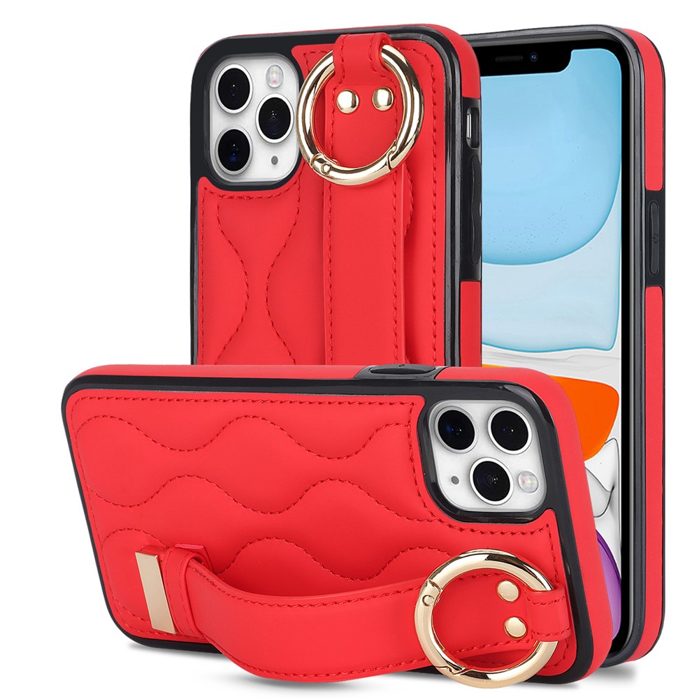 For iPhone 11 Pro Max Case Wave Pattern Wristband Kickstand PU+TPU Phone Cover - Red