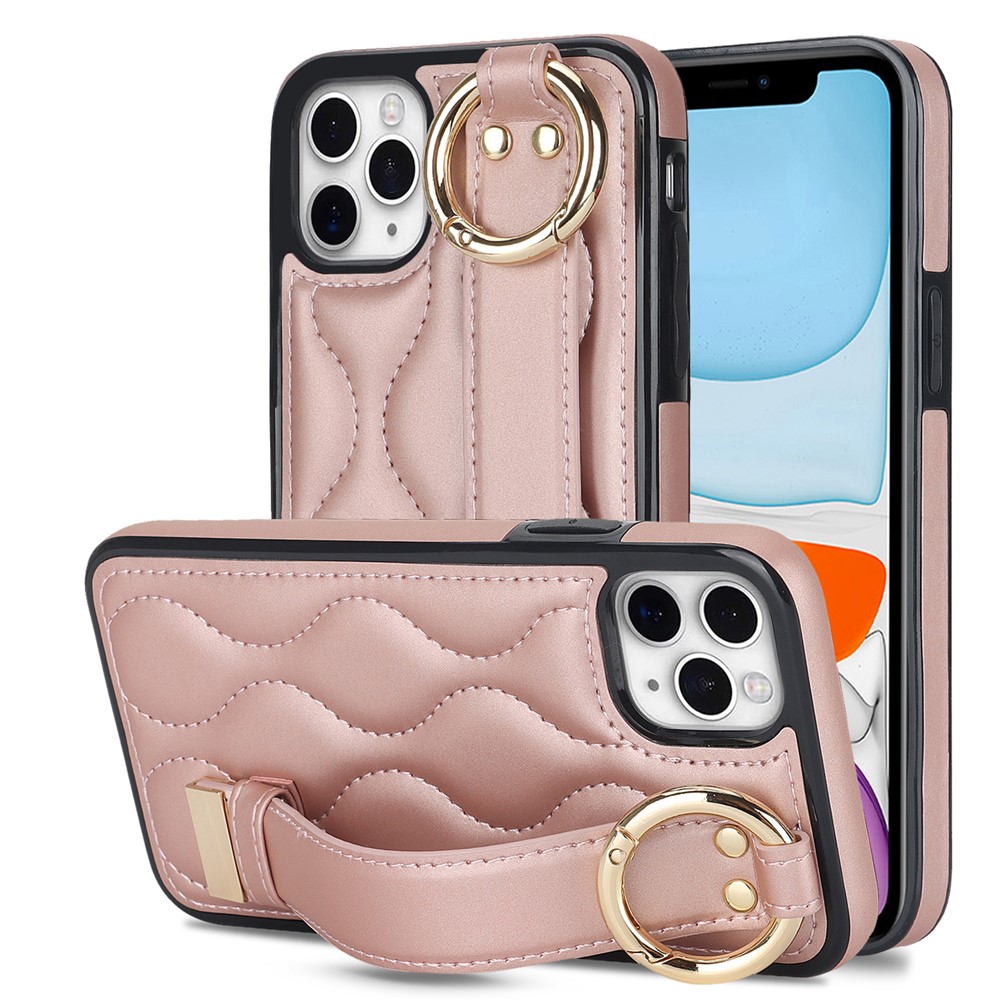 For iPhone 11 Pro Max Case Wave Pattern Wristband Kickstand PU+TPU Phone Cover - Rose Gold