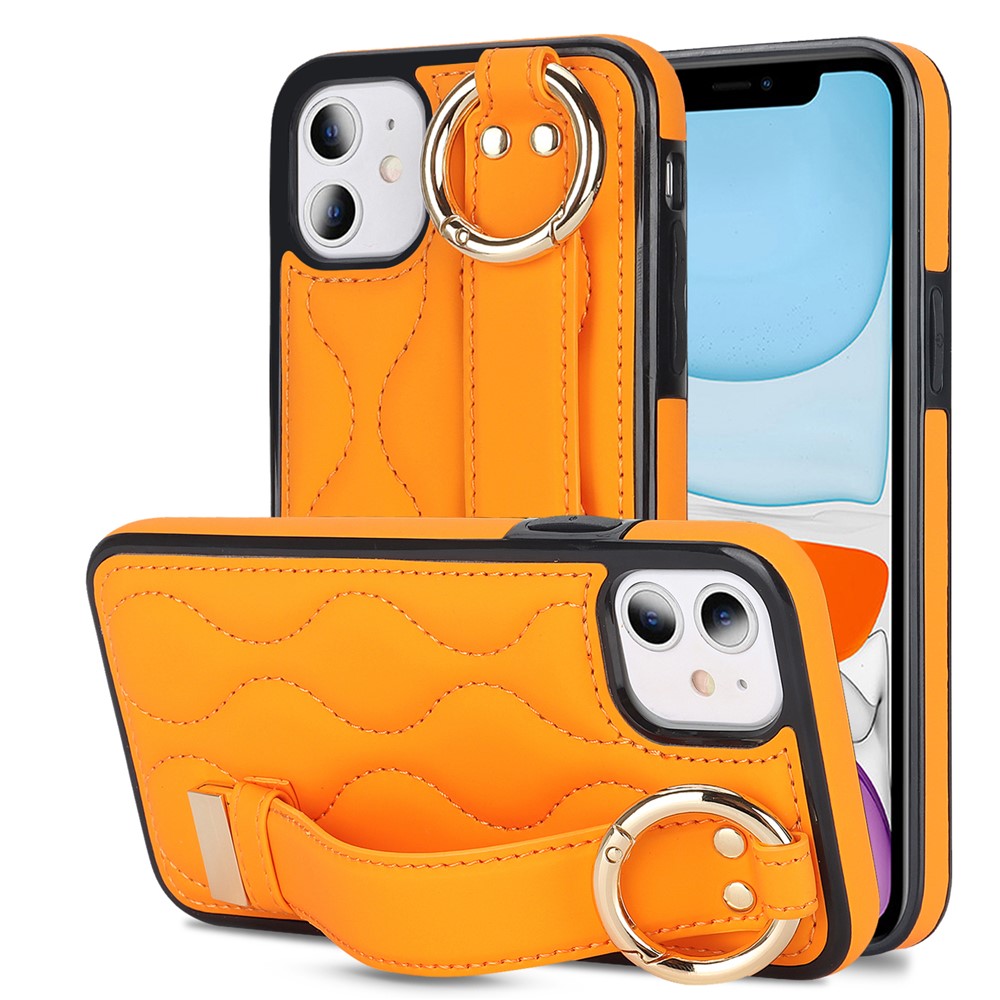 For iPhone 11 Case Wristband Kickstand Wave Pattern Anti-drop PU+TPU Phone Cover - Orange