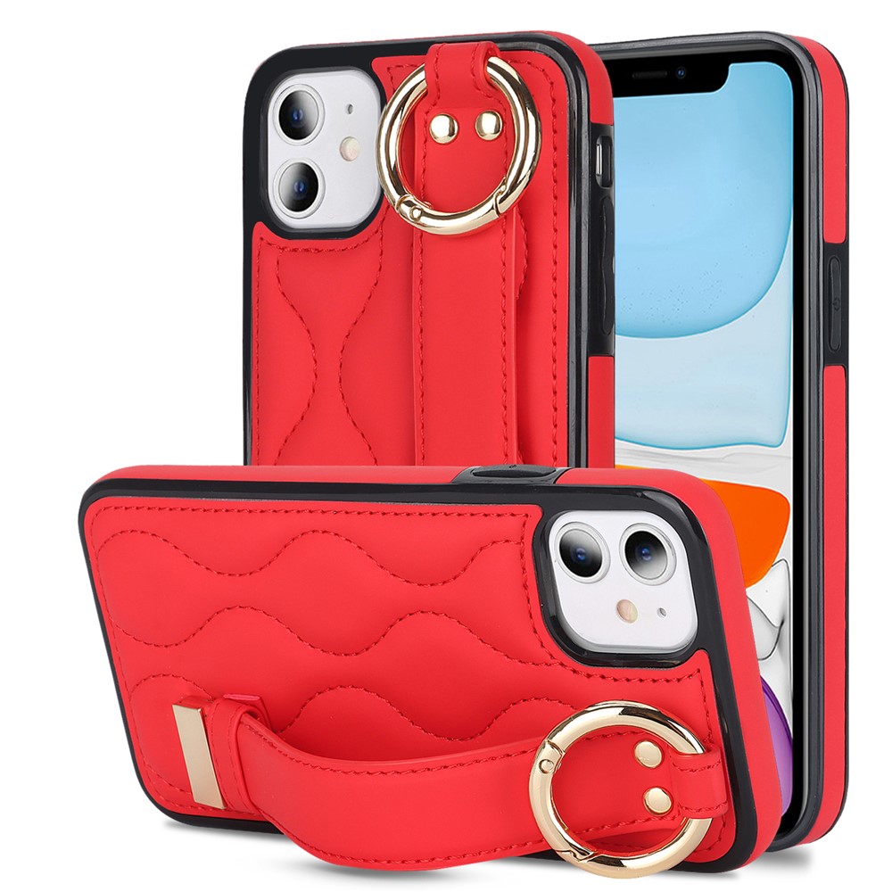For iPhone 11 Case Wristband Kickstand Wave Pattern Anti-drop PU+TPU Phone Cover - Red