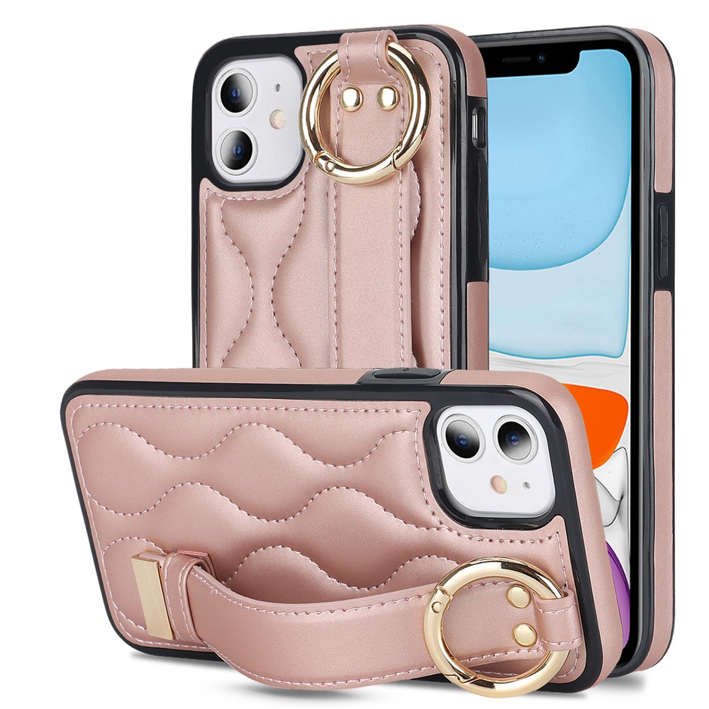 For iPhone 11 Case Wristband Kickstand Wave Pattern Anti-drop PU+TPU Phone Cover - Rose Gold