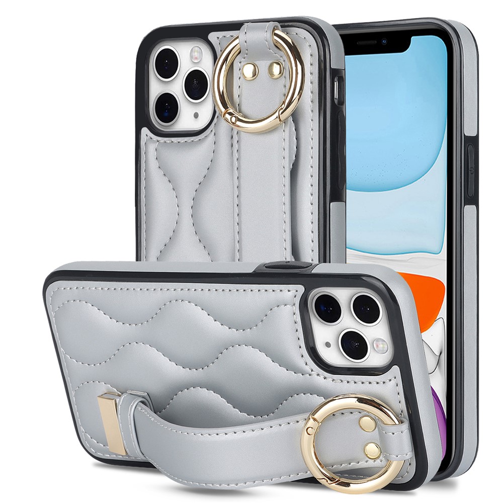 For iPhone 11 Pro Wave Pattern Cell Phone Case PU+TPU Wristband Cover - Silver