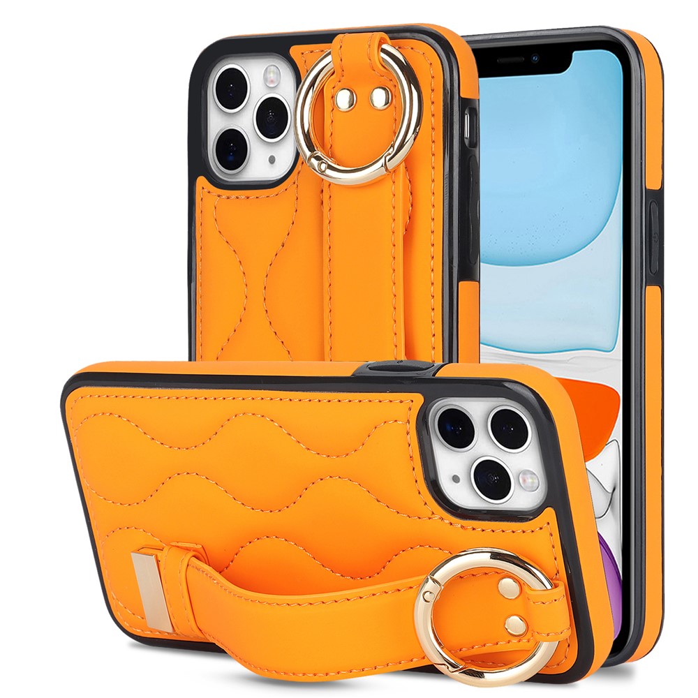 For iPhone 11 Pro Wave Pattern Cell Phone Case PU+TPU Wristband Cover - Orange