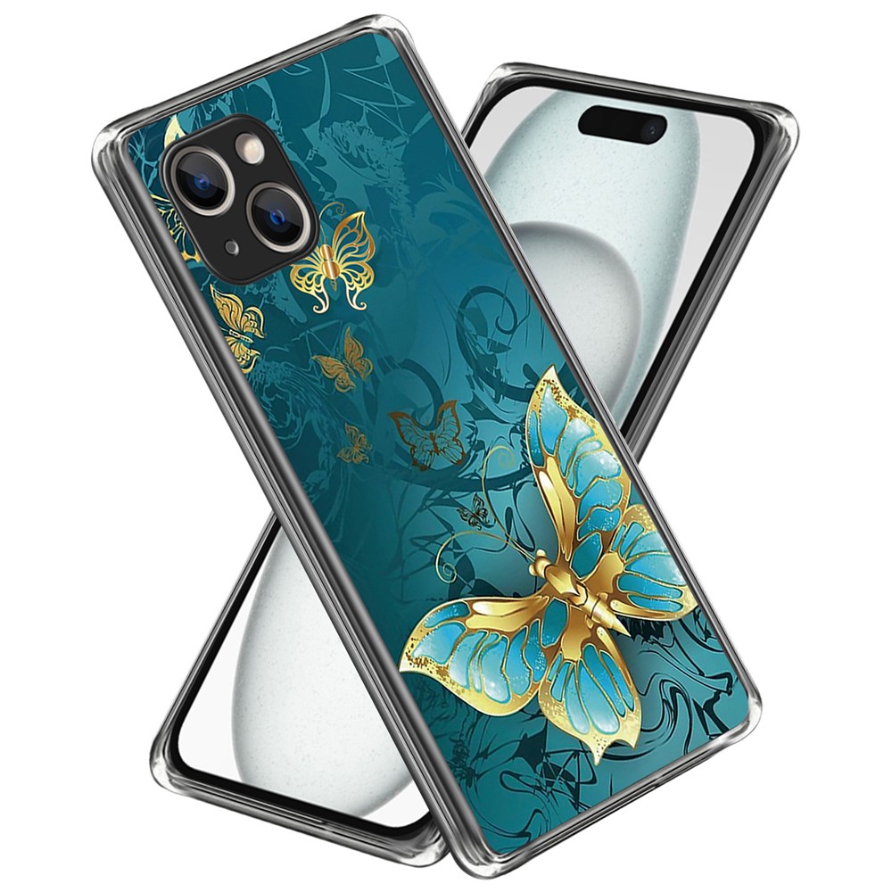 For iPhone 15 Plus Case Anti-drop Pattern Printing TPU Mobile Phone Cover - Golden Butterfly
