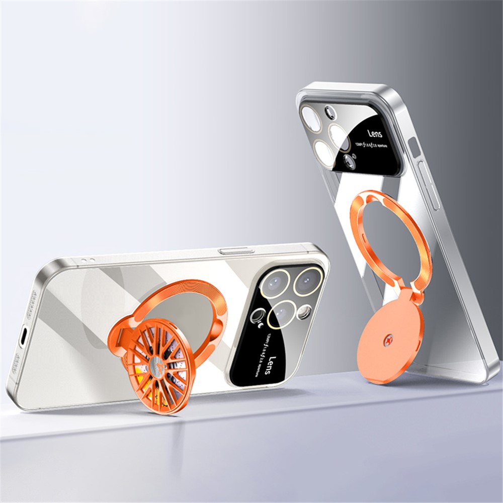 VOERO For iPhone 12 Pro Kickstand Case Electroplating Shockproof PC Phone Cover - Transparent Orange