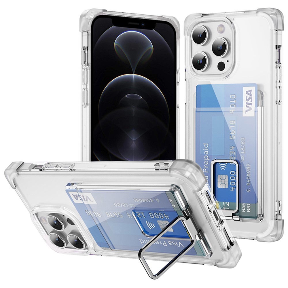 YSM Reinforced Corners Series for iPhone 12 / 12 Pro Case Card Slot Kickstand Clear Cover - Transparent White