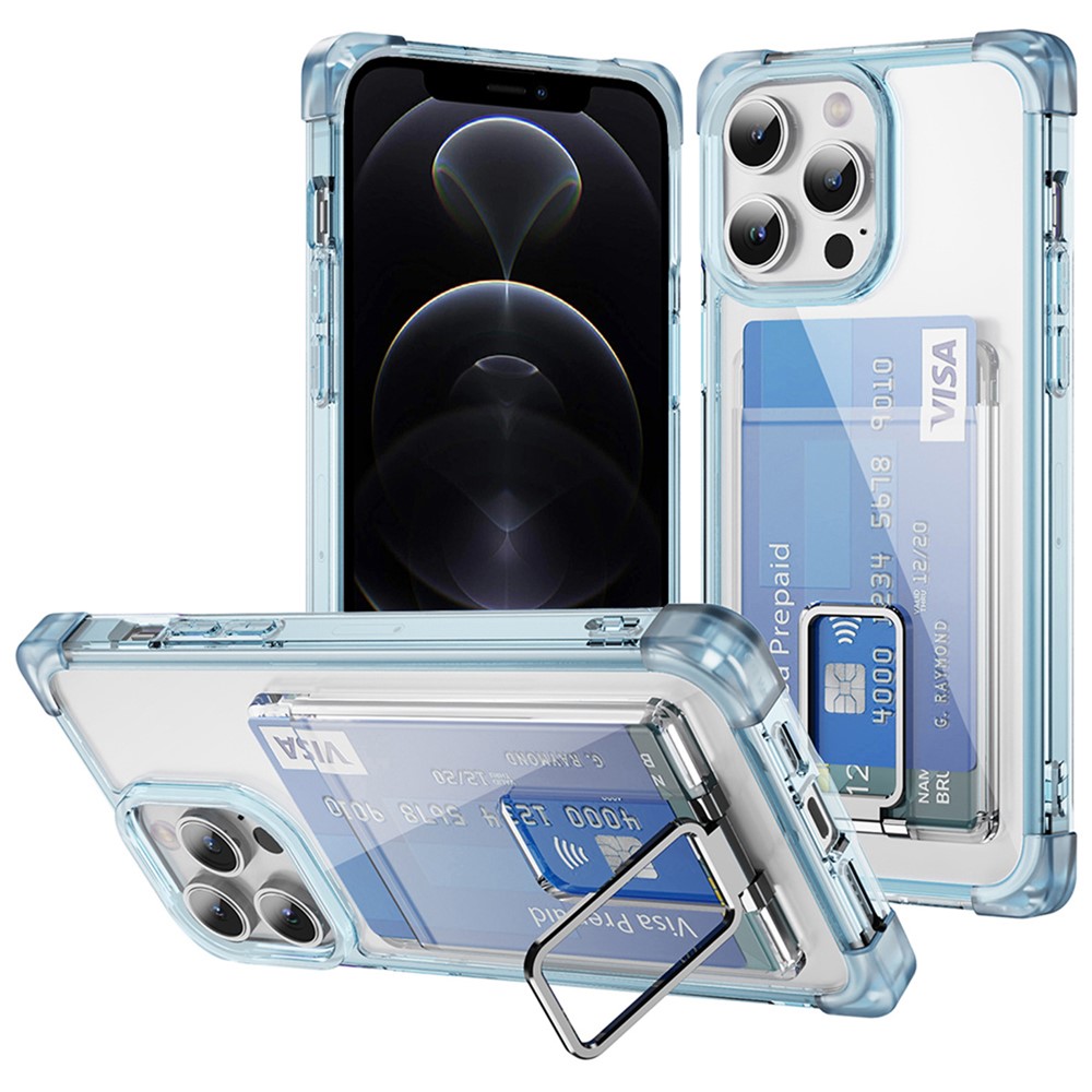 YSM Reinforced Corners Series for iPhone 12 / 12 Pro Case Card Slot Kickstand Clear Cover - Transparent Blue