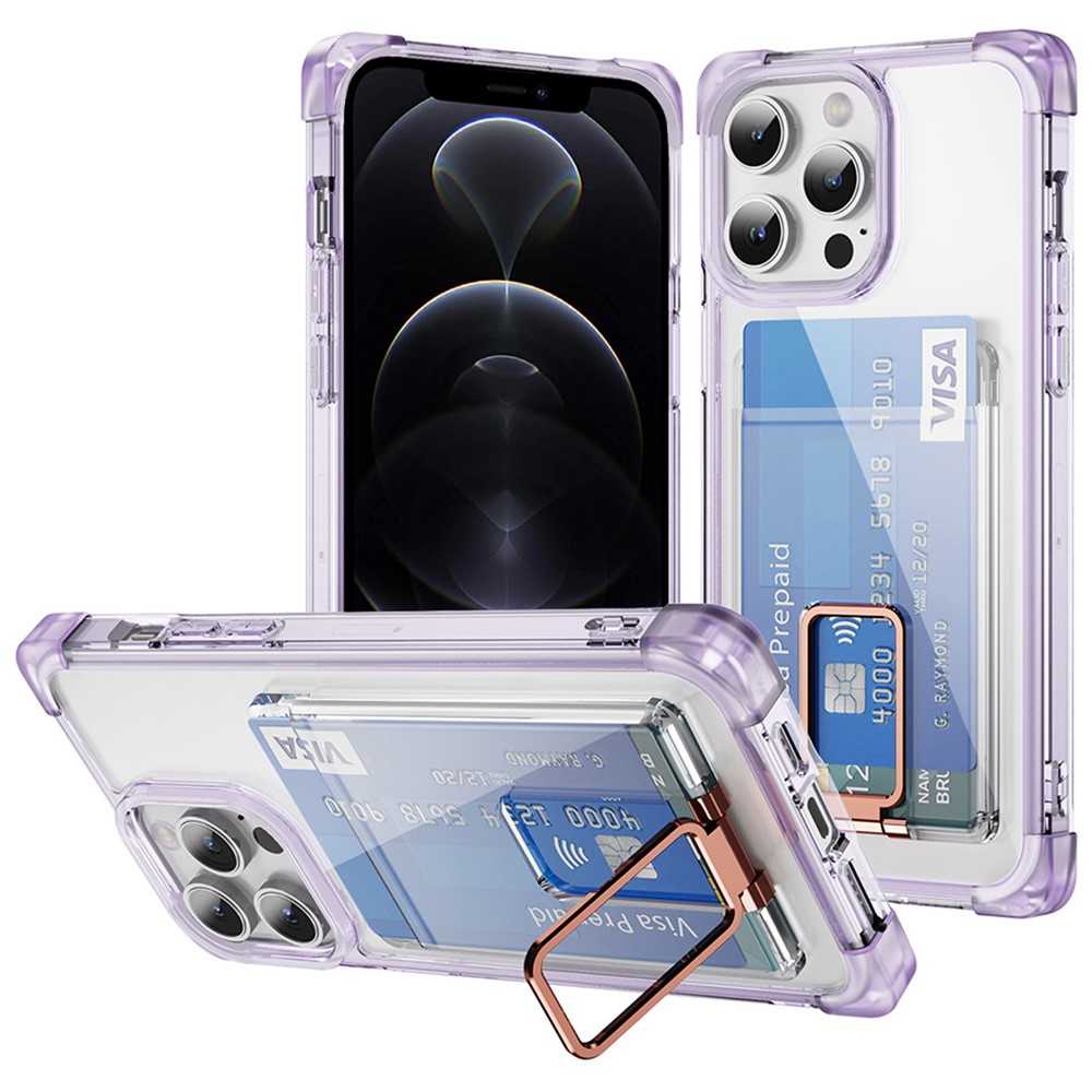 YSM Reinforced Corners Series for iPhone 12 / 12 Pro Case Card Slot Kickstand Clear Cover - Transparent Purple