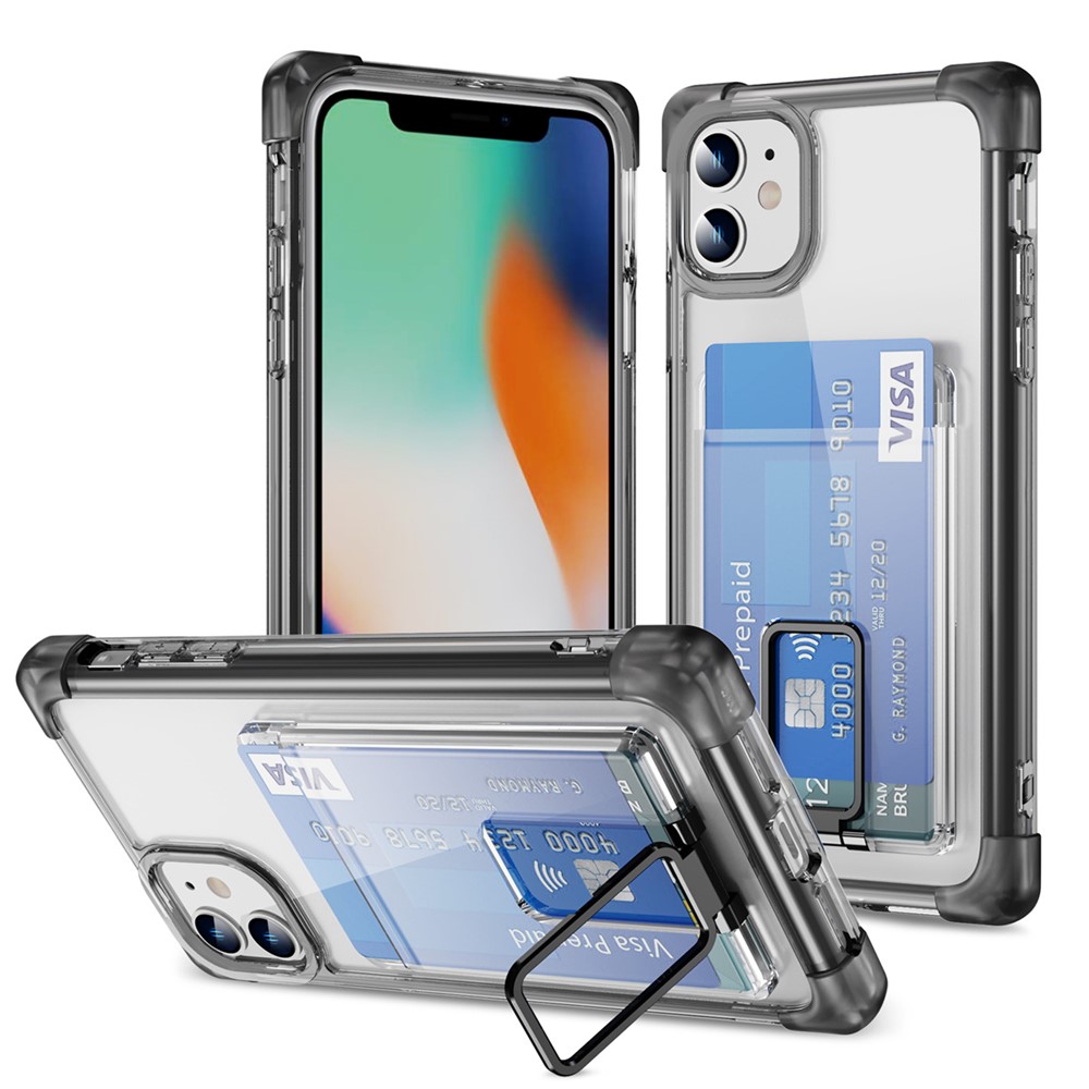 YSM Reinforced Corners Series for iPhone 11 Kickstand Case Clear Cover with Card Holder - Transparent Black