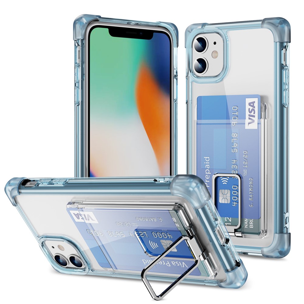 YSM Reinforced Corners Series for iPhone 11 Kickstand Case Clear Cover with Card Holder - Transparent Blue