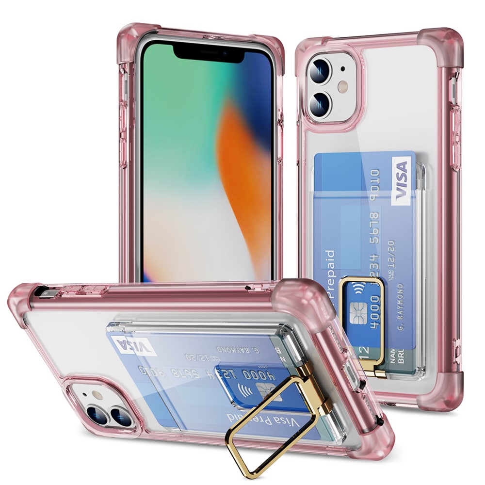 YSM Reinforced Corners Series for iPhone 11 Kickstand Case Clear Cover with Card Holder - Transparent Pink