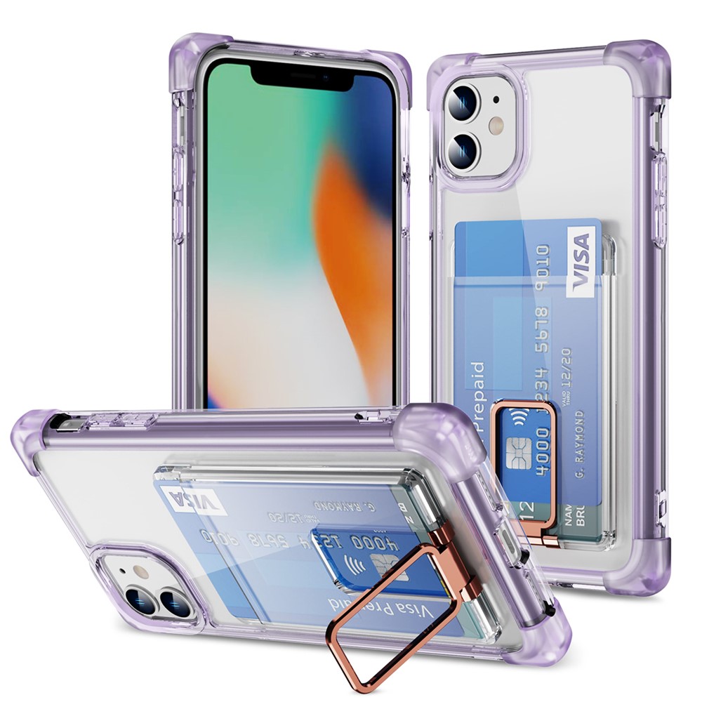 YSM Reinforced Corners Series for iPhone 11 Kickstand Case Clear Cover with Card Holder - Transparent Purple