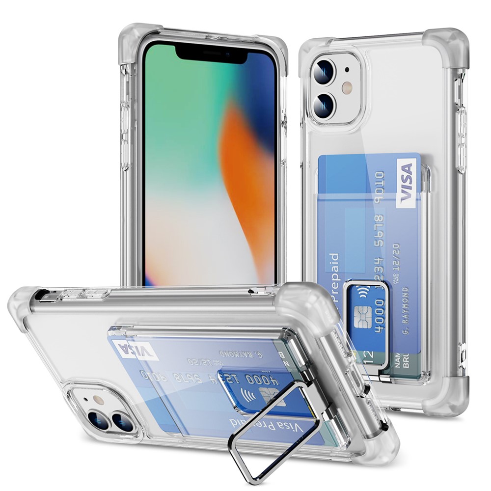 YSM Reinforced Corners Series for iPhone 11 Kickstand Case Clear Cover with Card Holder - Transparent White