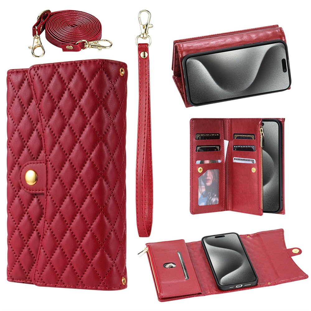 BKS-002 For iPhone 12 / 12 Pro Leather Wallet Case Folio Protective Phone Cover Zipper Pocket Stand - Red