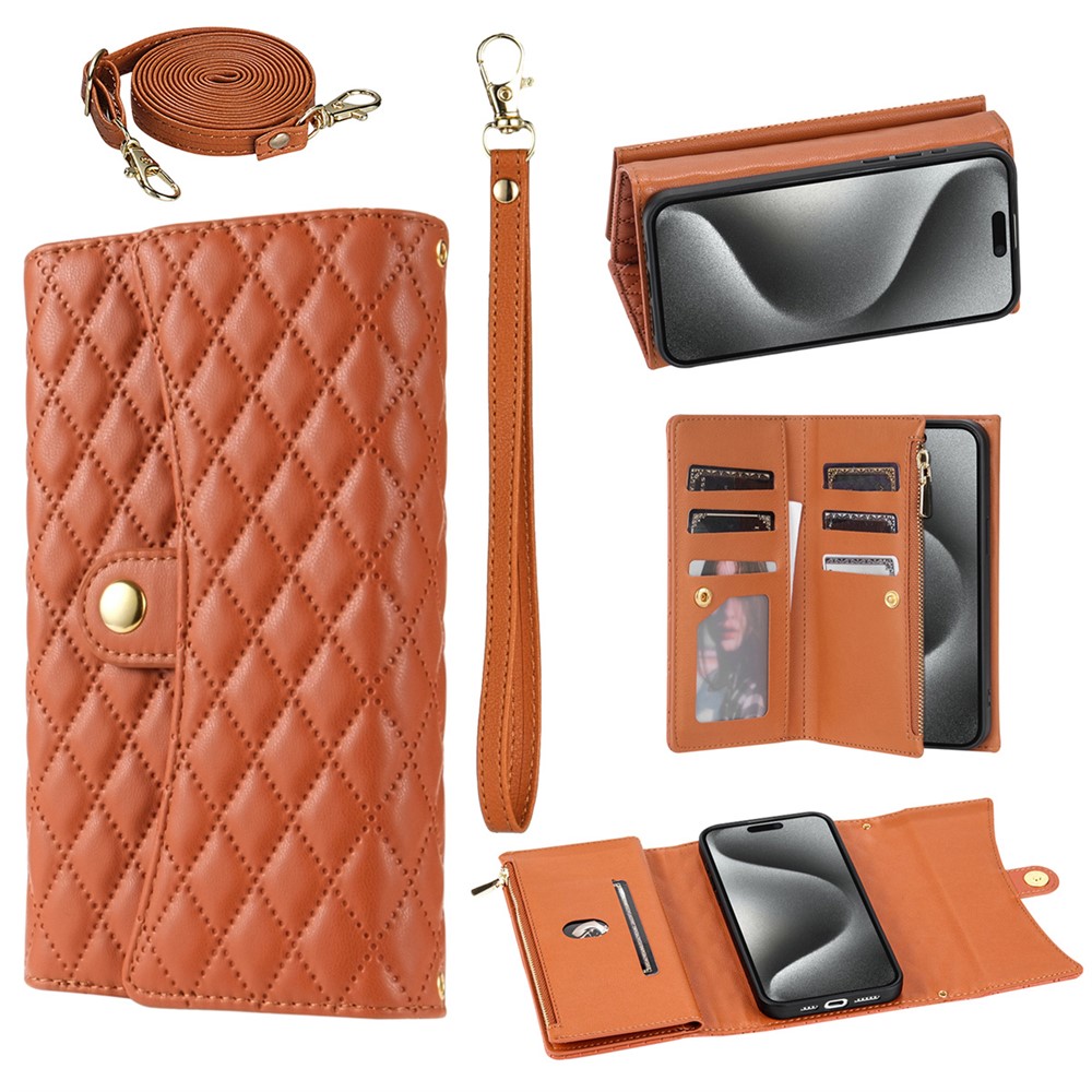 BKS-002 For iPhone 12 / 12 Pro Leather Wallet Case Folio Protective Phone Cover Zipper Pocket Stand - Brown