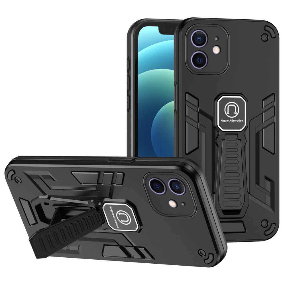 For iPhone 12 Phone Case Kickstand Cover Support Magnetic Car Mount - Black