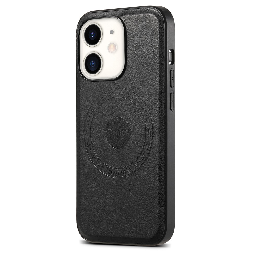 DENIOR For iPhone 12  / 12 Pro Magnetic Phone Case Cowhide Texture PU Leather Back Cover - Black - Black
