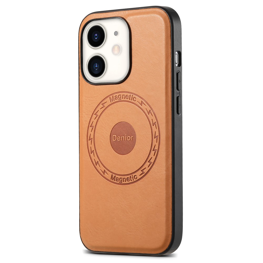 DENIOR For iPhone 12 / 12 Pro Magnetic Phone Case Cowhide Texture PU Leather Back Cover - Black - Khaki