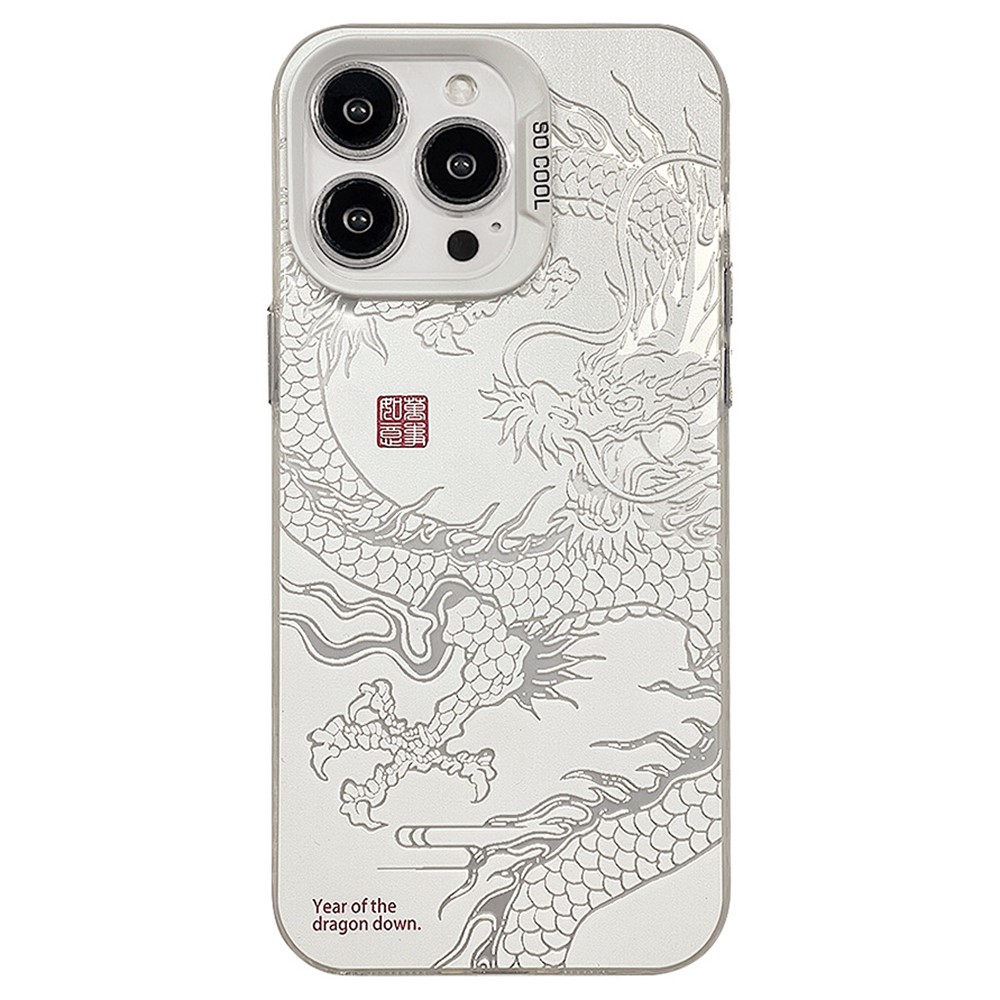 For iPhone 12  /  12 Pro Case Chinese Dragon Laser PC+TPU Phone Back Cover - Silver  /  White