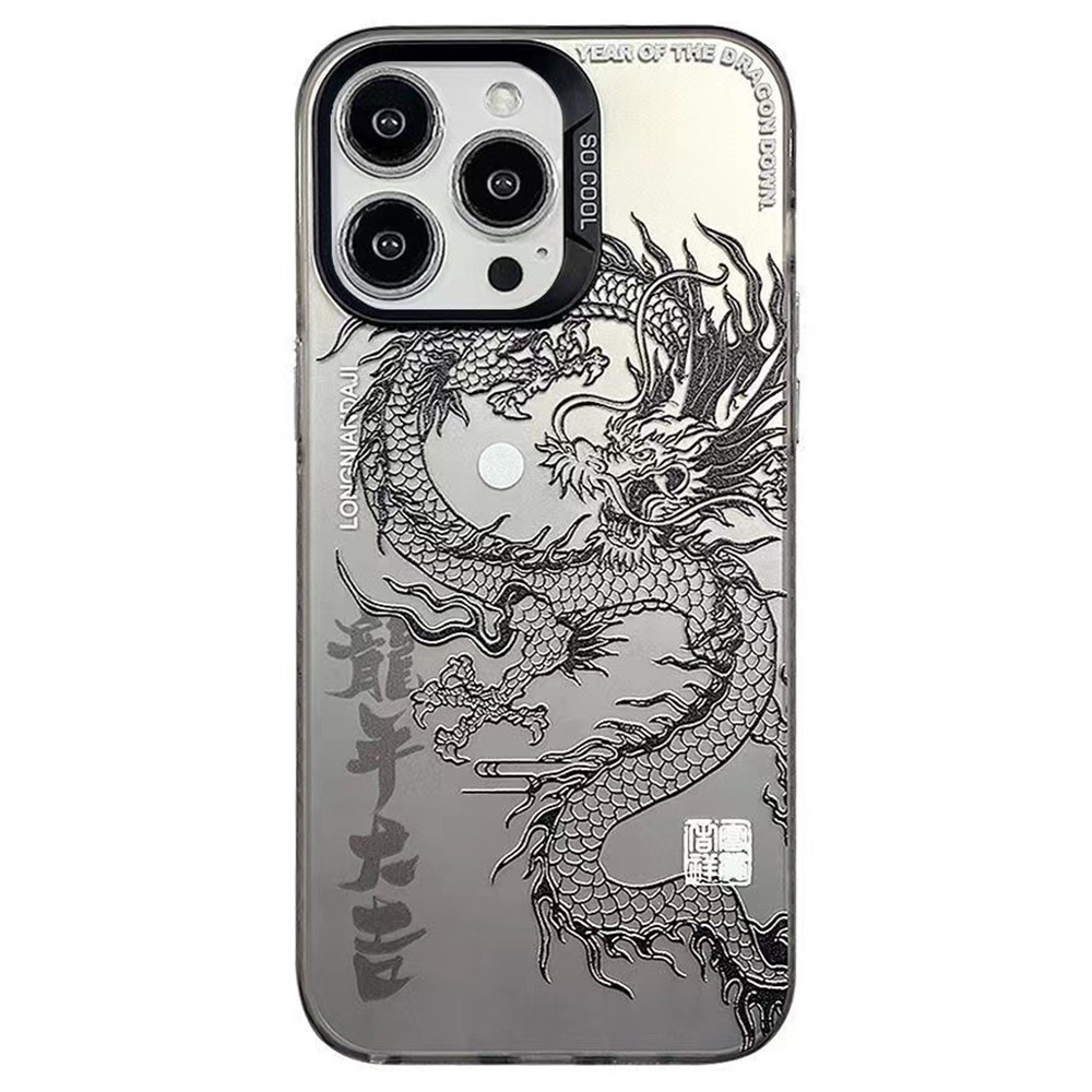 For iPhone 12  /  12 Pro Case Chinese Dragon Laser PC+TPU Phone Back Cover - Silver  /  Black