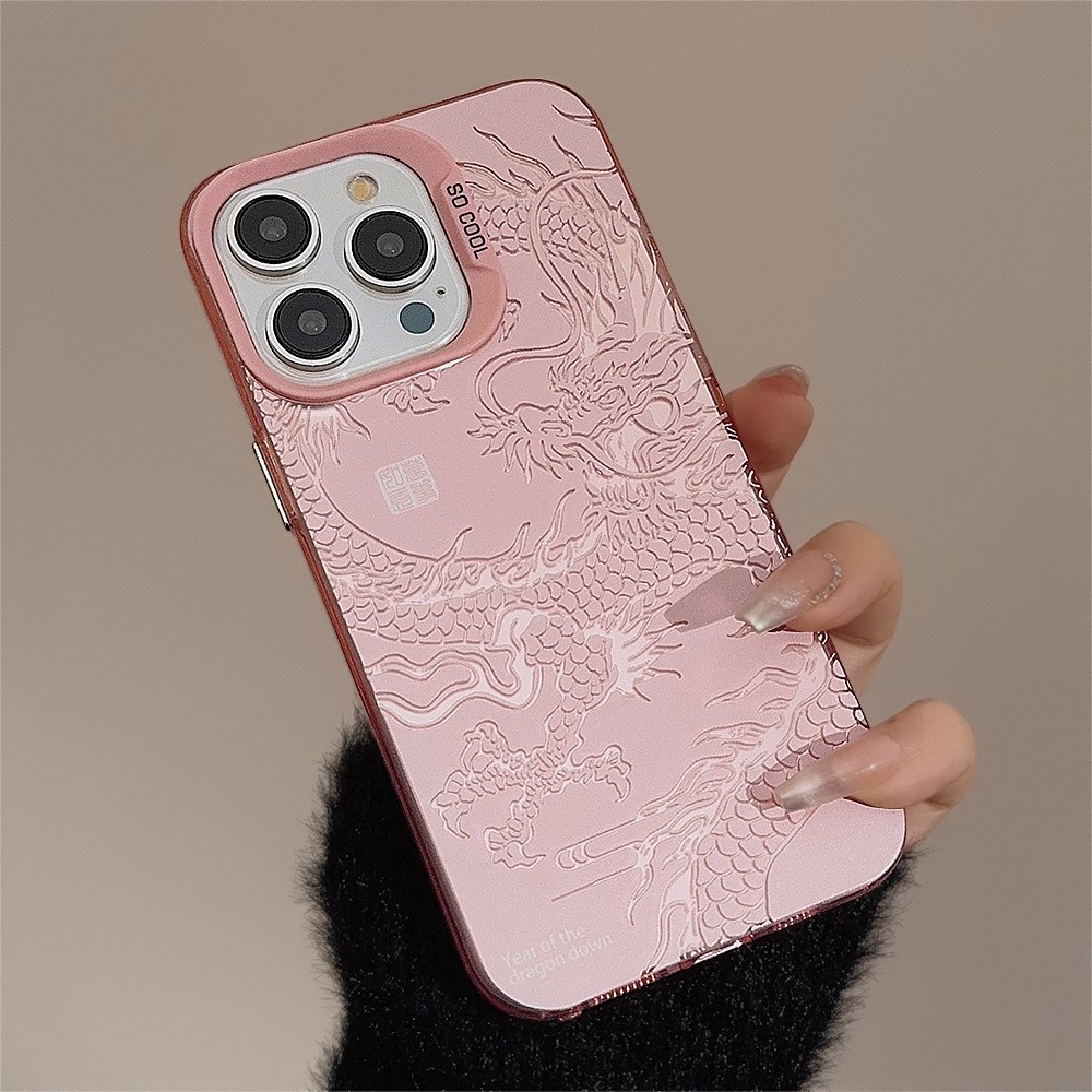 For iPhone 12  /  12 Pro Case Chinese Dragon Laser PC+TPU Phone Back Cover - Silver  /  Pink