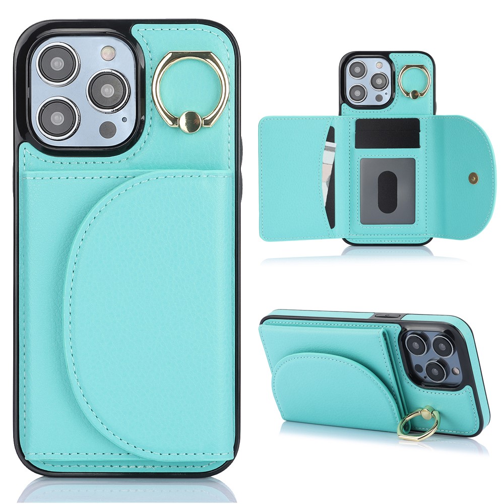 For iPhone 12 / 12 Pro Cell Phone Case Ring Kickstand Card Bag PU+TPU Cover - Green