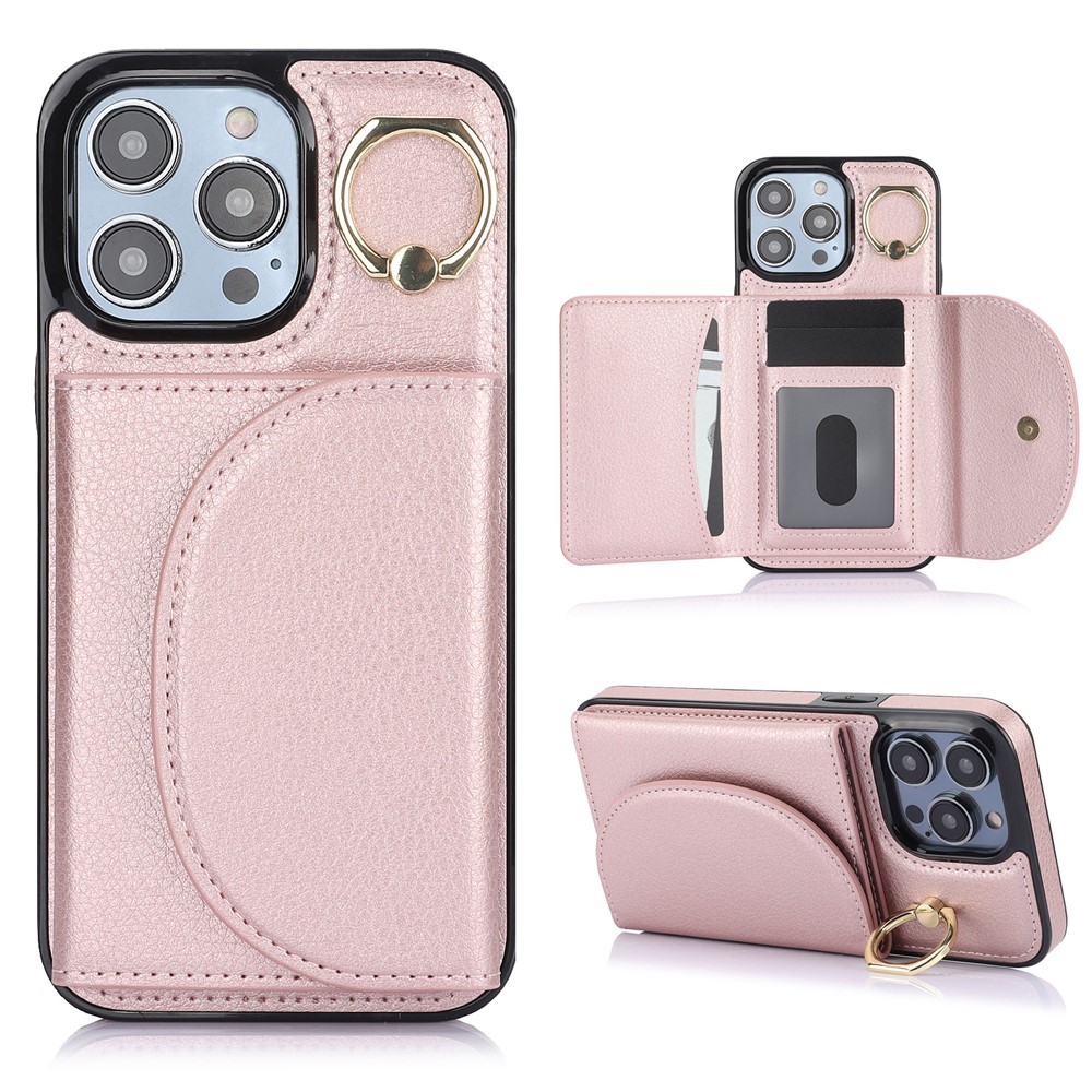For iPhone 12 / 12 Pro Cell Phone Case Ring Kickstand Card Bag PU+TPU Cover - Rose Gold