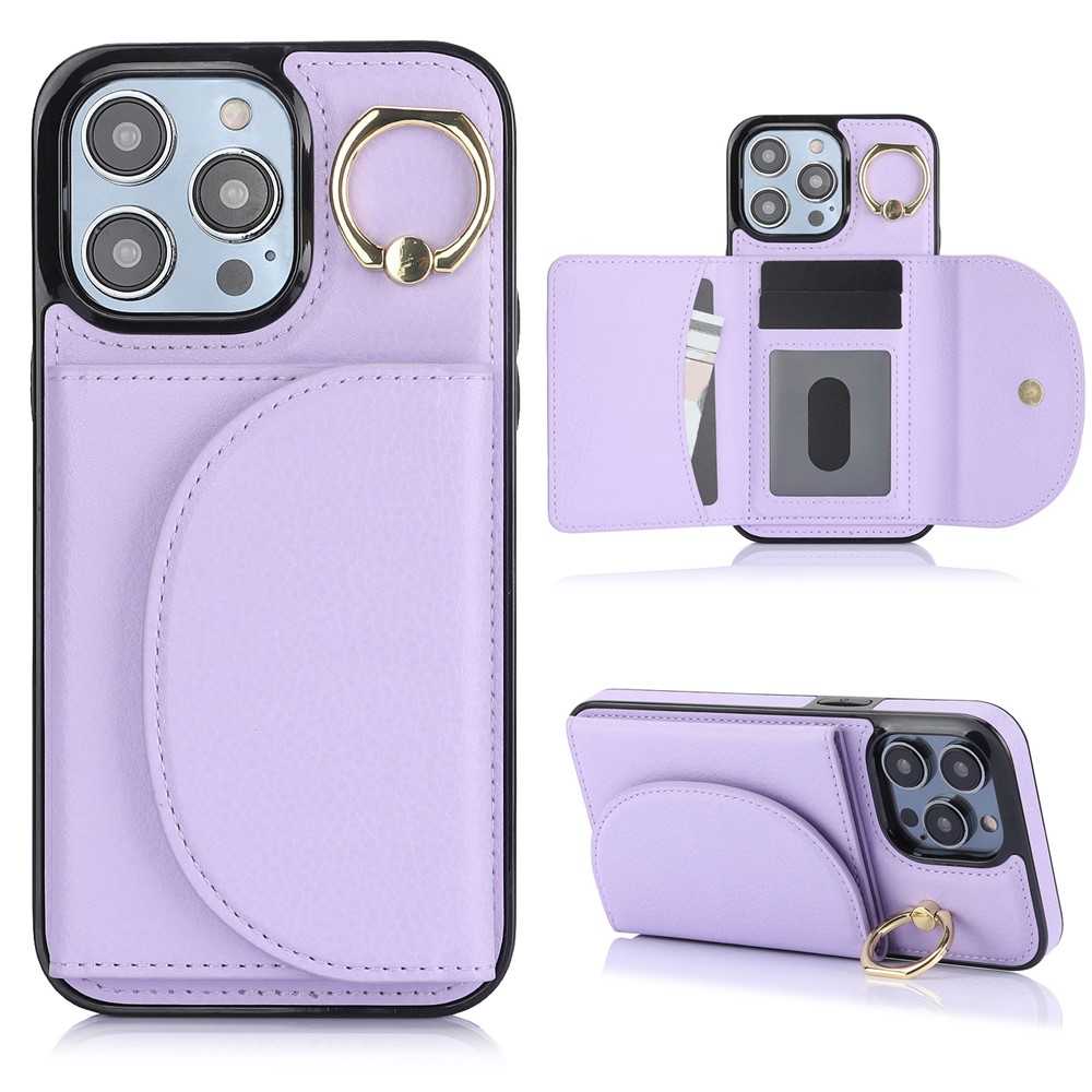 For iPhone 12 / 12 Pro Cell Phone Case Ring Kickstand Card Bag PU+TPU Cover - Purple