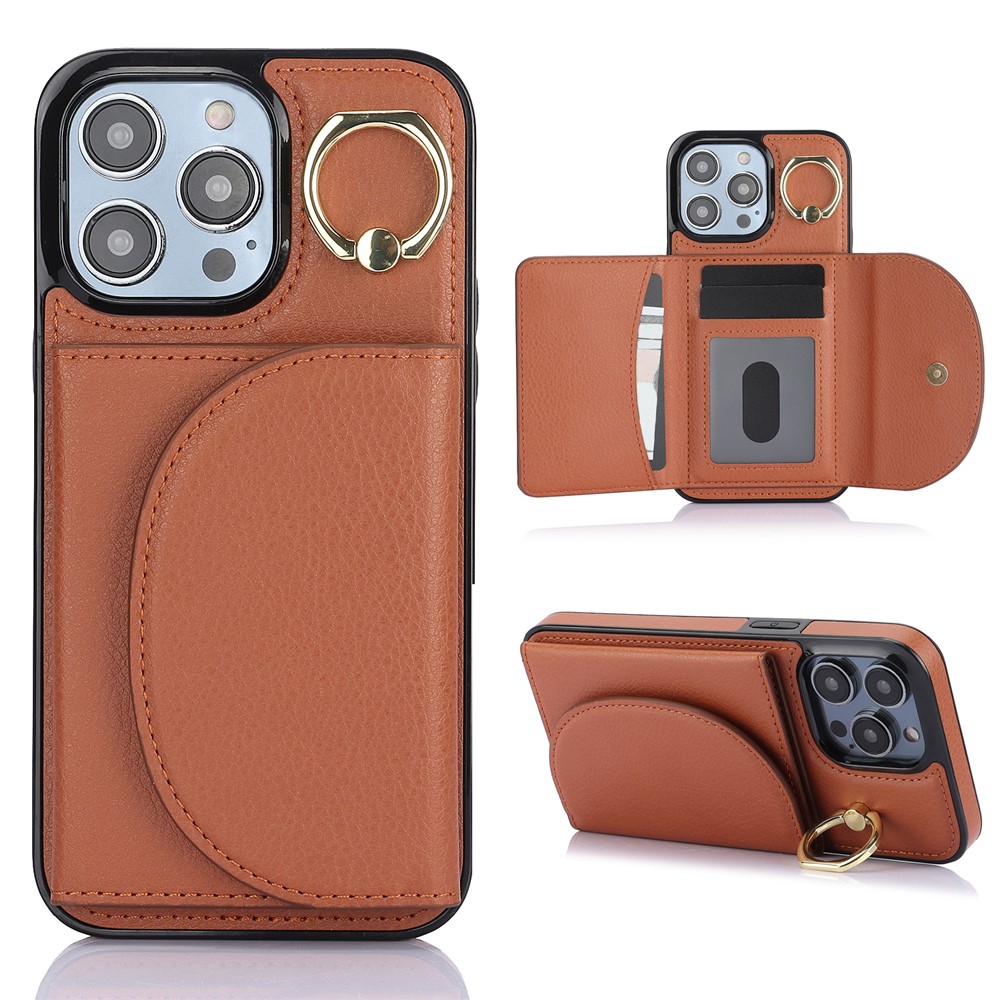 For iPhone 12 / 12 Pro Cell Phone Case Ring Kickstand Card Bag PU+TPU Cover - Brown