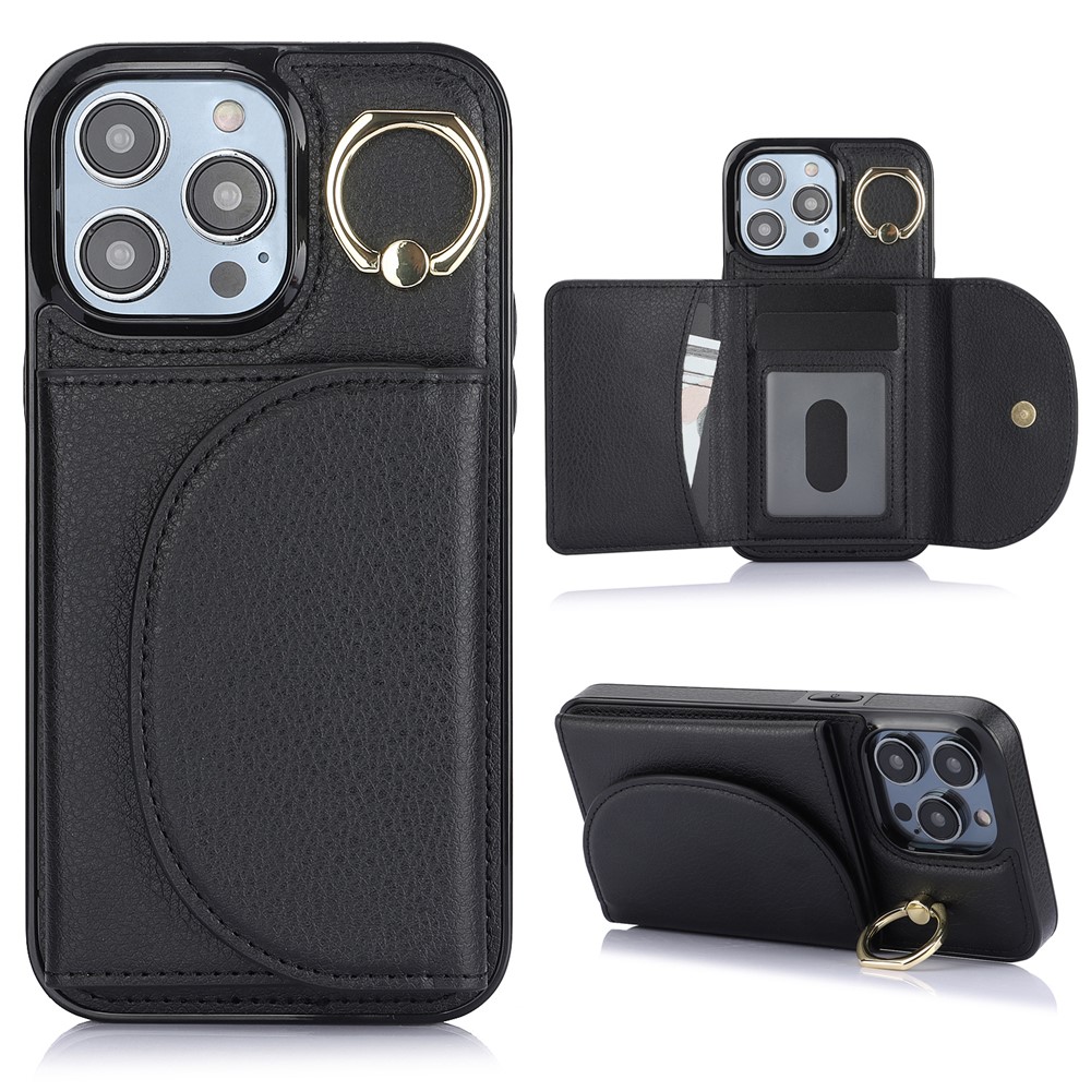 For iPhone 12 / 12 Pro Cell Phone Case Ring Kickstand Card Bag PU+TPU Cover - Black