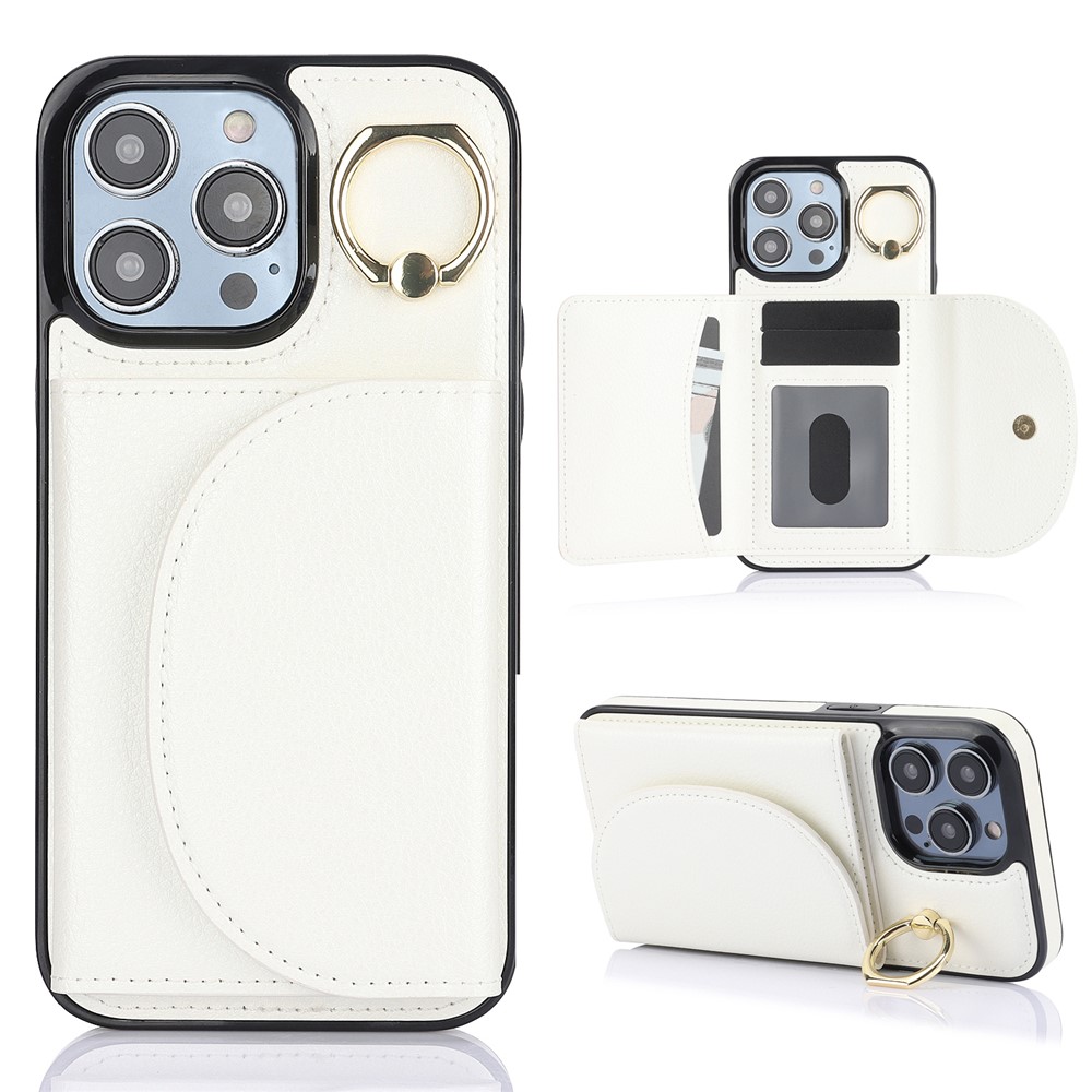 For iPhone 12 / 12 Pro Cell Phone Case Ring Kickstand Card Bag PU+TPU Cover - White