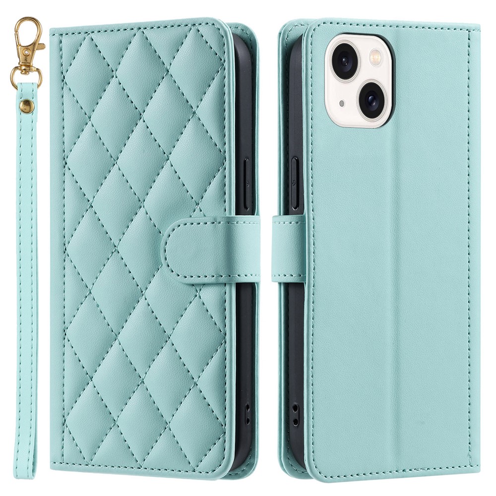 For iPhone 14 Plus Case PU Leather Wallet Flip Cover Rhombus Grid Pattern - Mint Green
