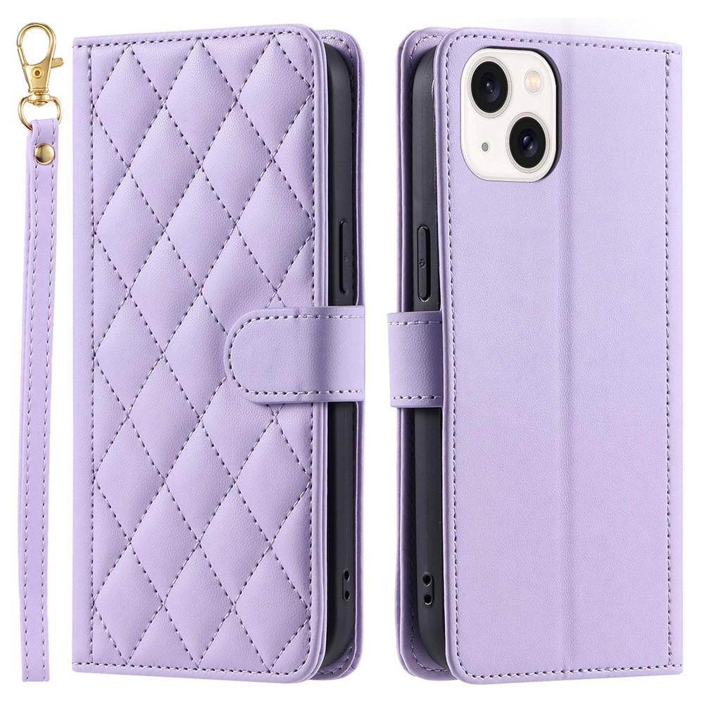 For iPhone 14 Plus Case PU Leather Wallet Flip Cover Rhombus Grid Pattern - Purple
