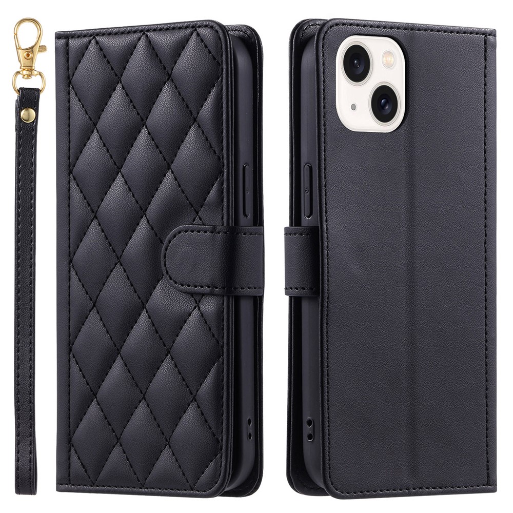 For iPhone 15 Plus Wallet Case PU Leather Cover Stitching Rhombus Grid - Black