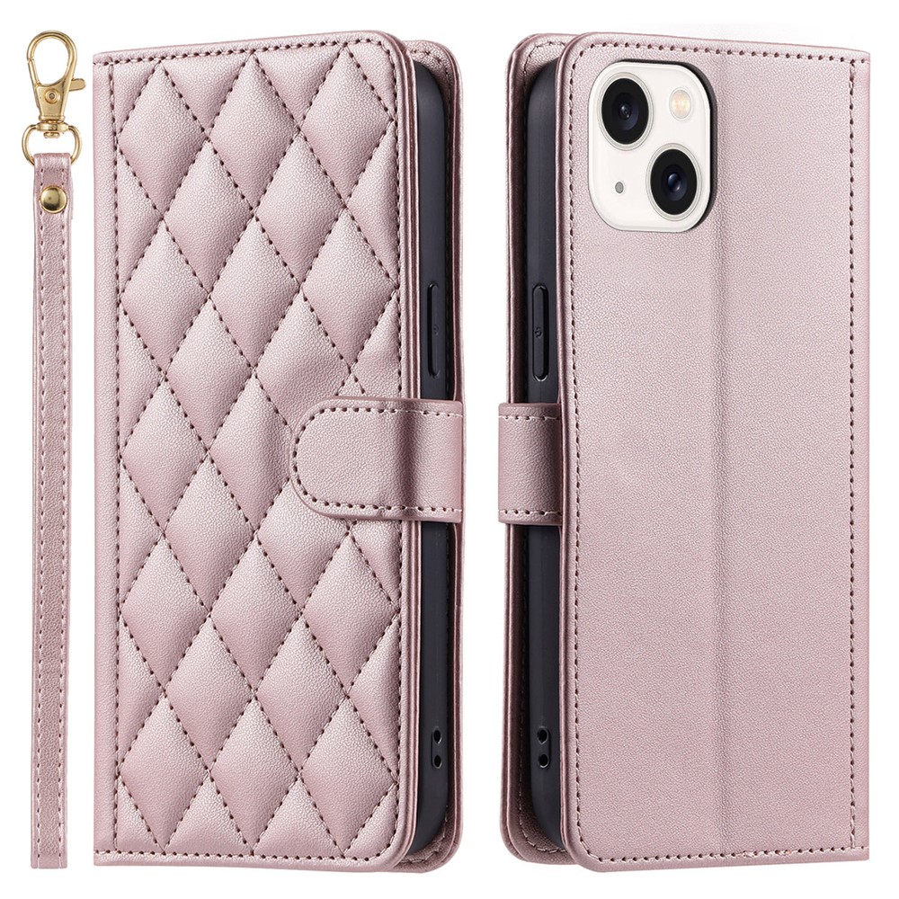 For iPhone 15 Plus Wallet Case PU Leather Cover Stitching Rhombus Grid - Rose Gold
