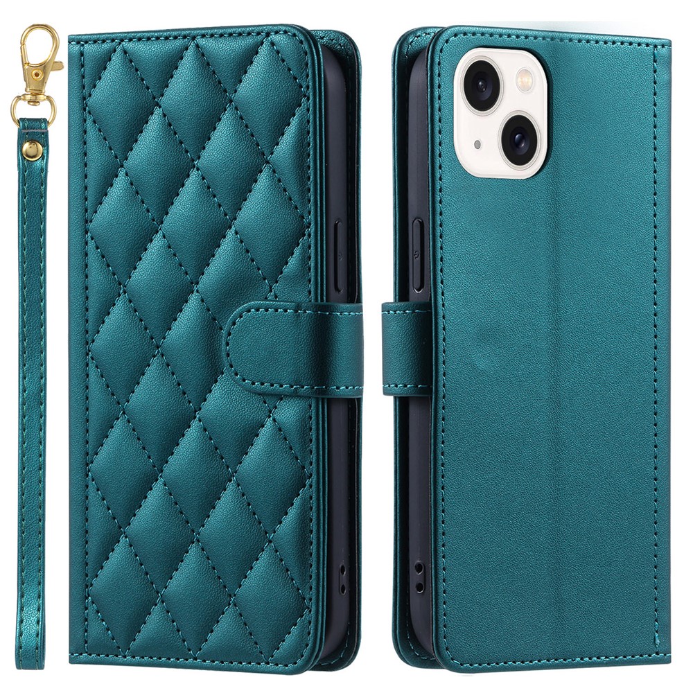For iPhone 15 Plus Wallet Case PU Leather Cover Stitching Rhombus Grid - Green