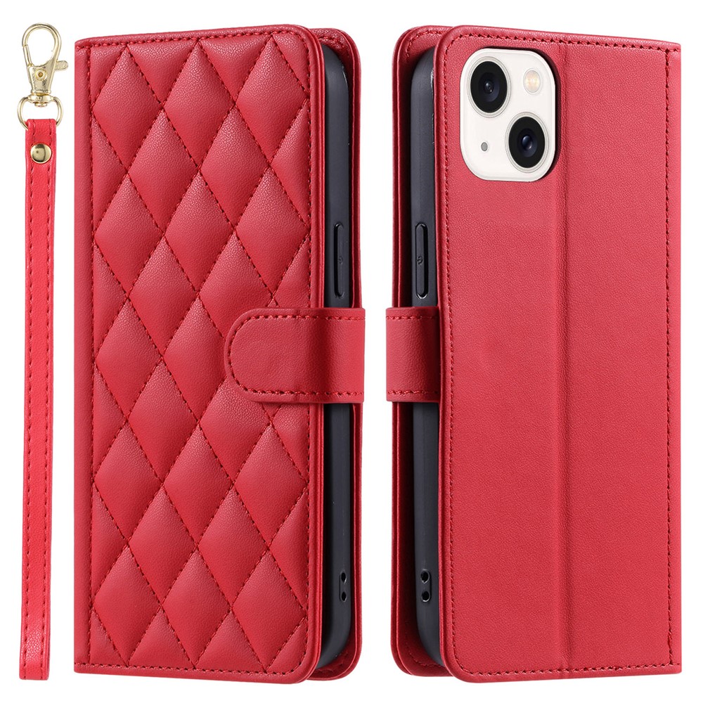 For iPhone 15 Plus Wallet Case PU Leather Cover Stitching Rhombus Grid - Red
