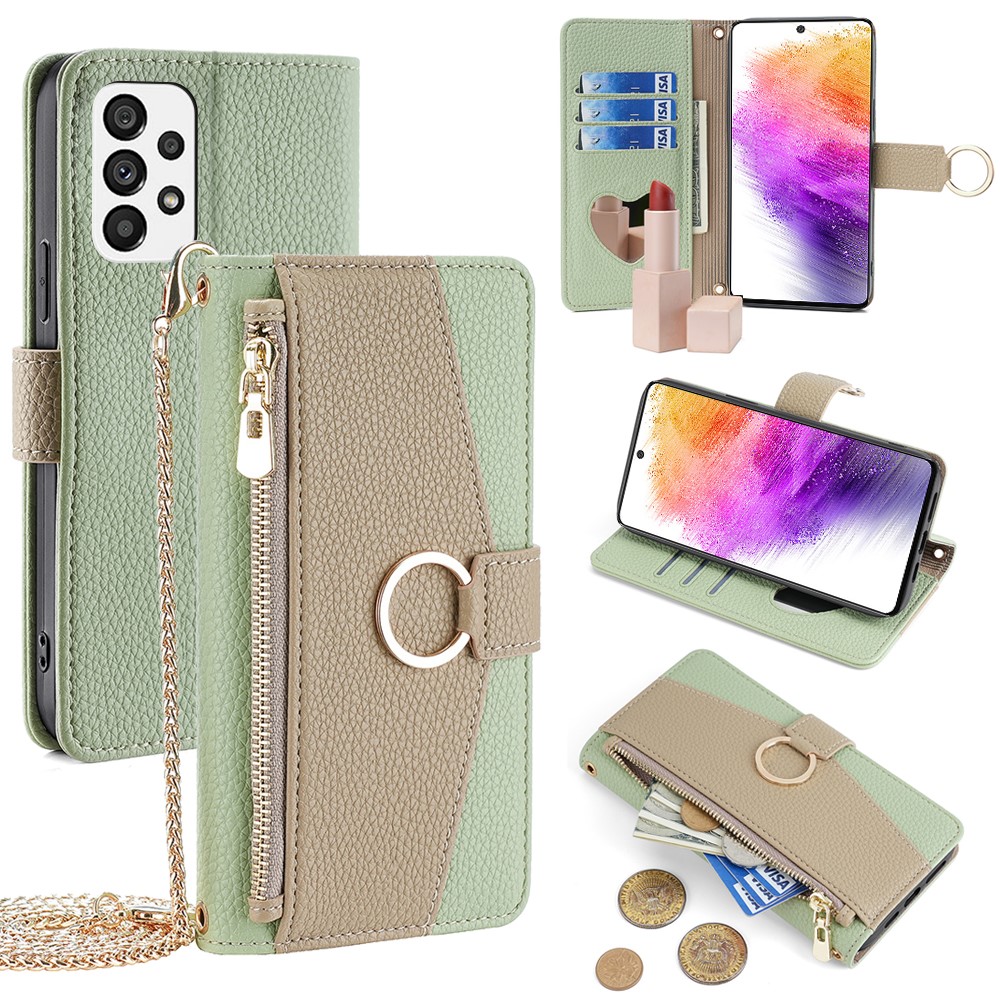 For Samsung Galaxy A73 5G Zipper Flip Cover PU Leather Phone Case with Crossbody Strap - Green
