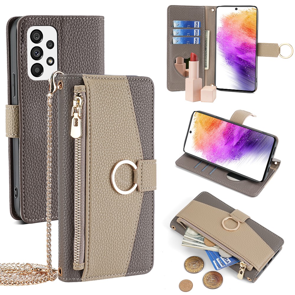 For Samsung Galaxy A73 5G Zipper Flip Cover PU Leather Phone Case with Crossbody Strap - Grey