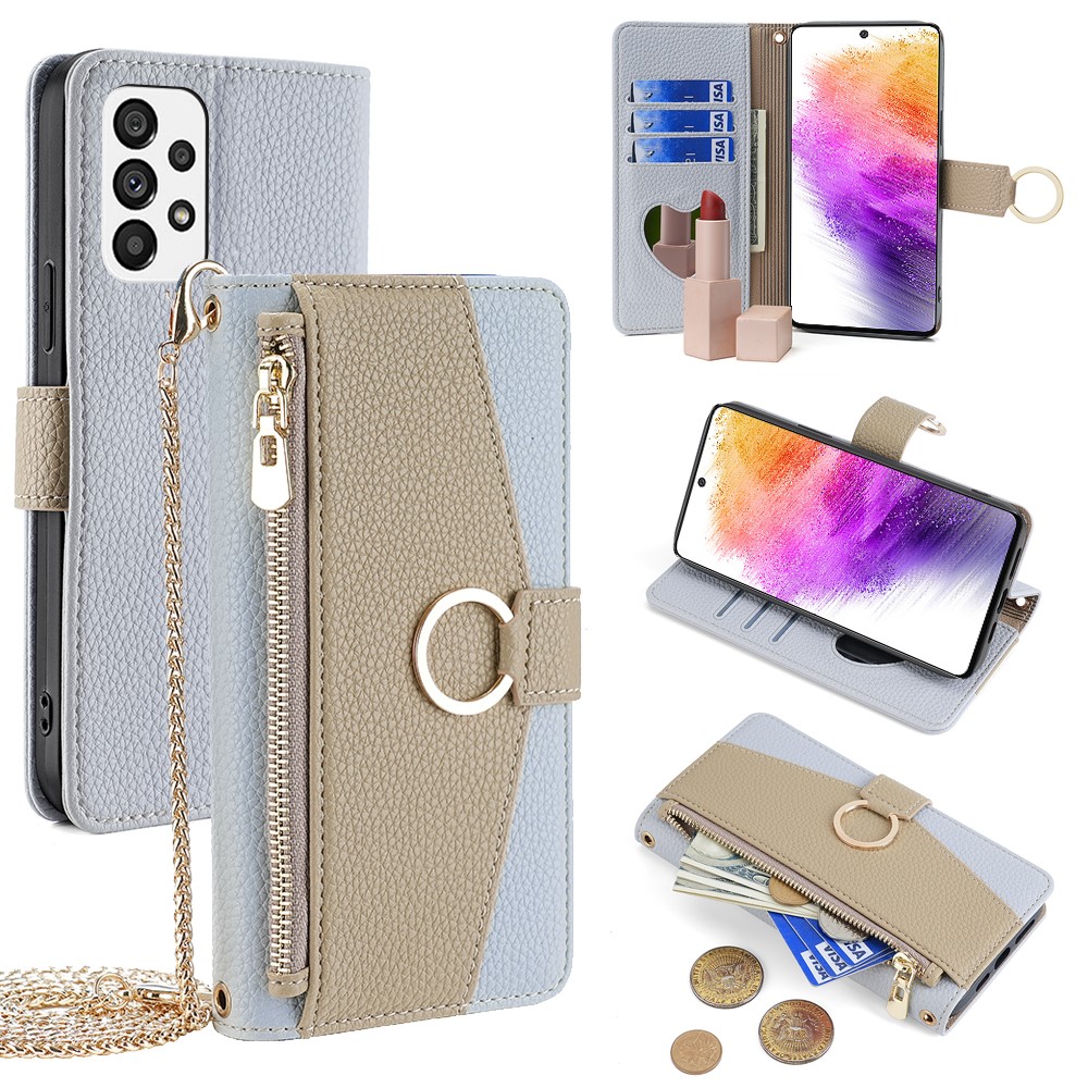 For Samsung Galaxy A73 5G Zipper Flip Cover PU Leather Phone Case with Crossbody Strap - Blue
