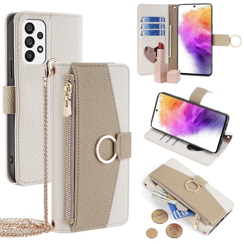 For Samsung Galaxy A73 5G Zipper Flip Cover PU Leather Phone Case with Crossbody Strap - White
