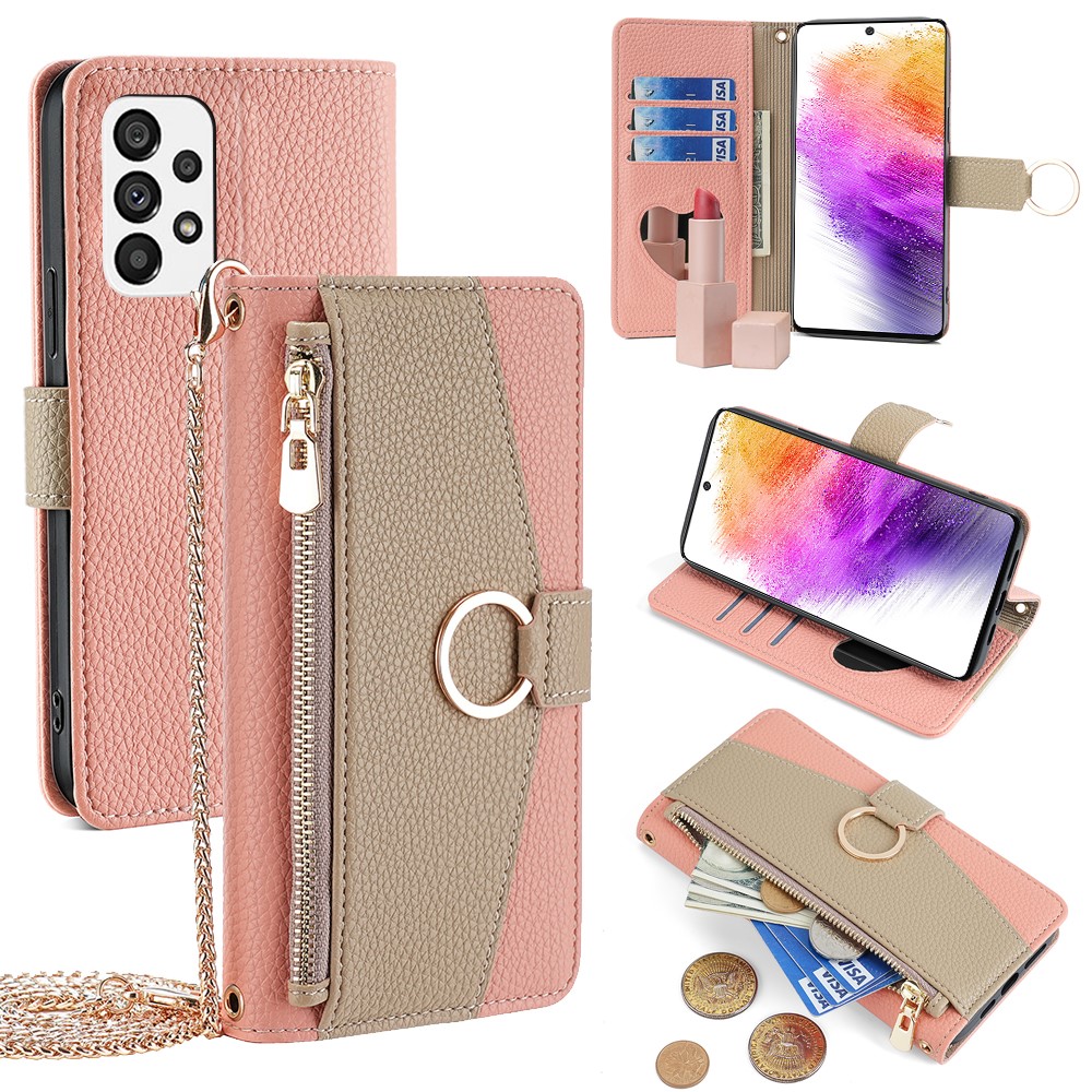 For Samsung Galaxy A73 5G Zipper Flip Cover PU Leather Phone Case with Crossbody Strap - Pink