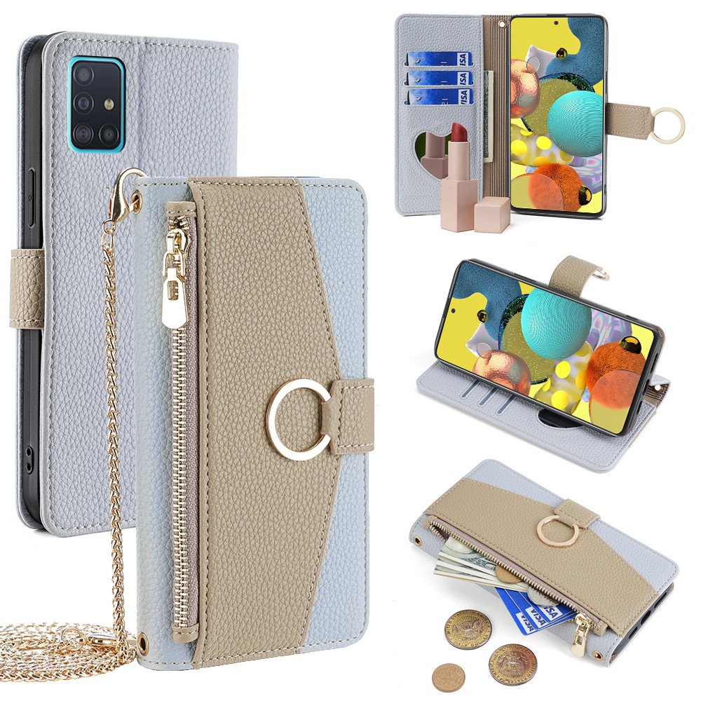 For Samsung Galaxy A51 5G SM-A516 Wallet Case Zipper PU Leather Crossbody Phone Cover - Blue